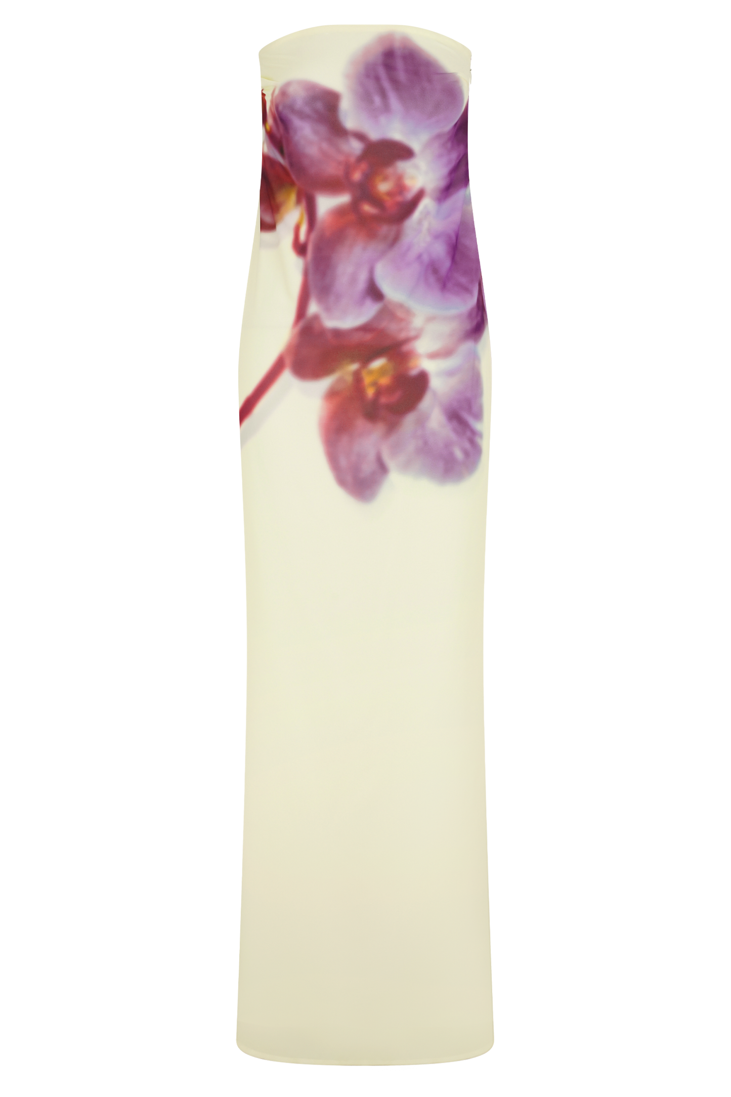 Amaya Robe Maxi en Chiffon sans Bretelles - Imprimé Orchidée Koi Ivoire