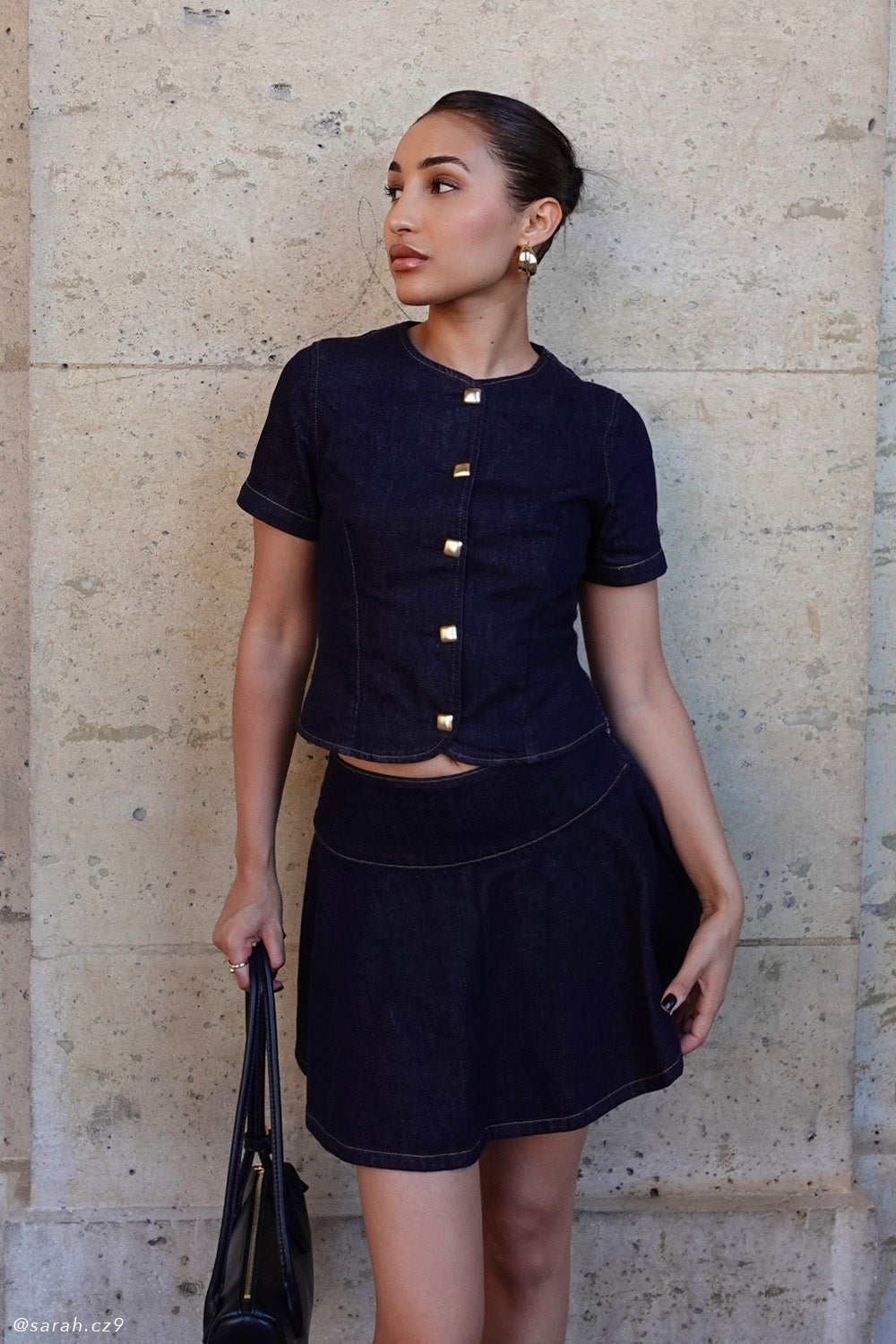 Top en jean à manches courtes et boutons - Bleu indigo délavé