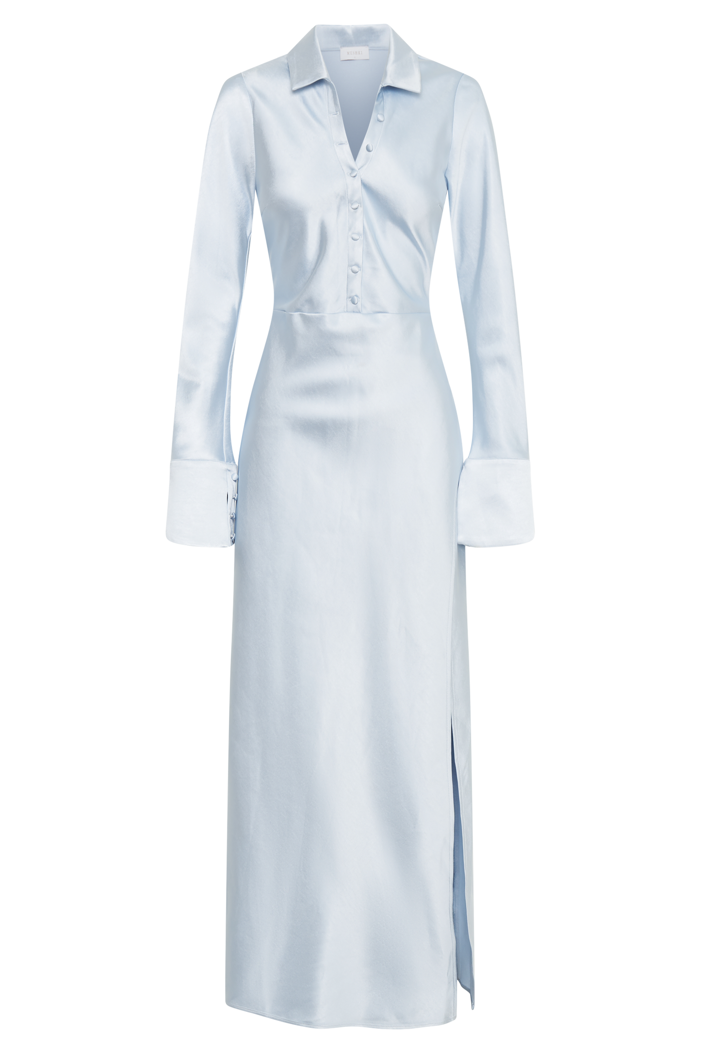 Robe Maxi en Satin avec Col - Bleu Glacé