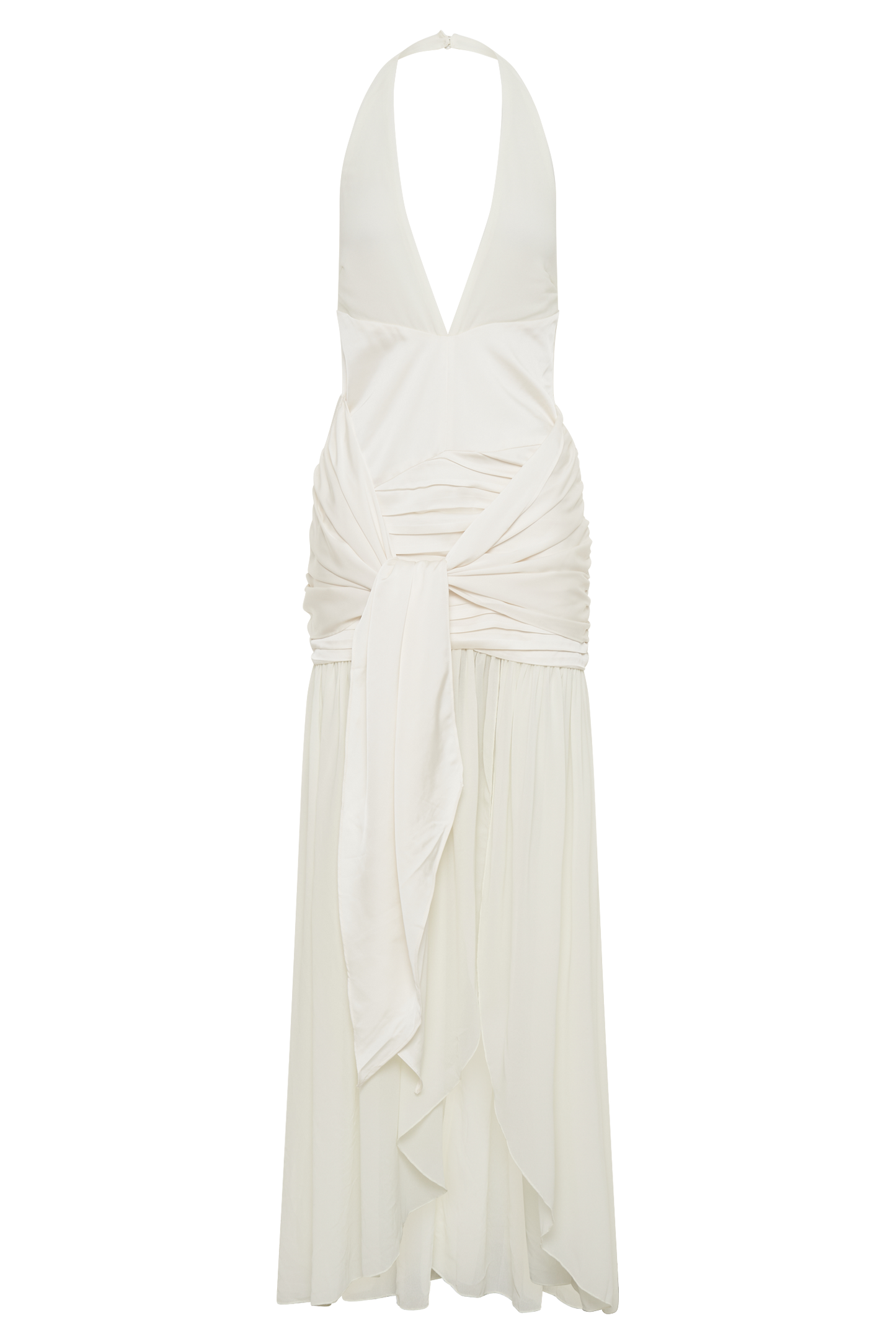 Robe Maxi en Satin et Chiffon à Décolleté Plongeant - Ivoire