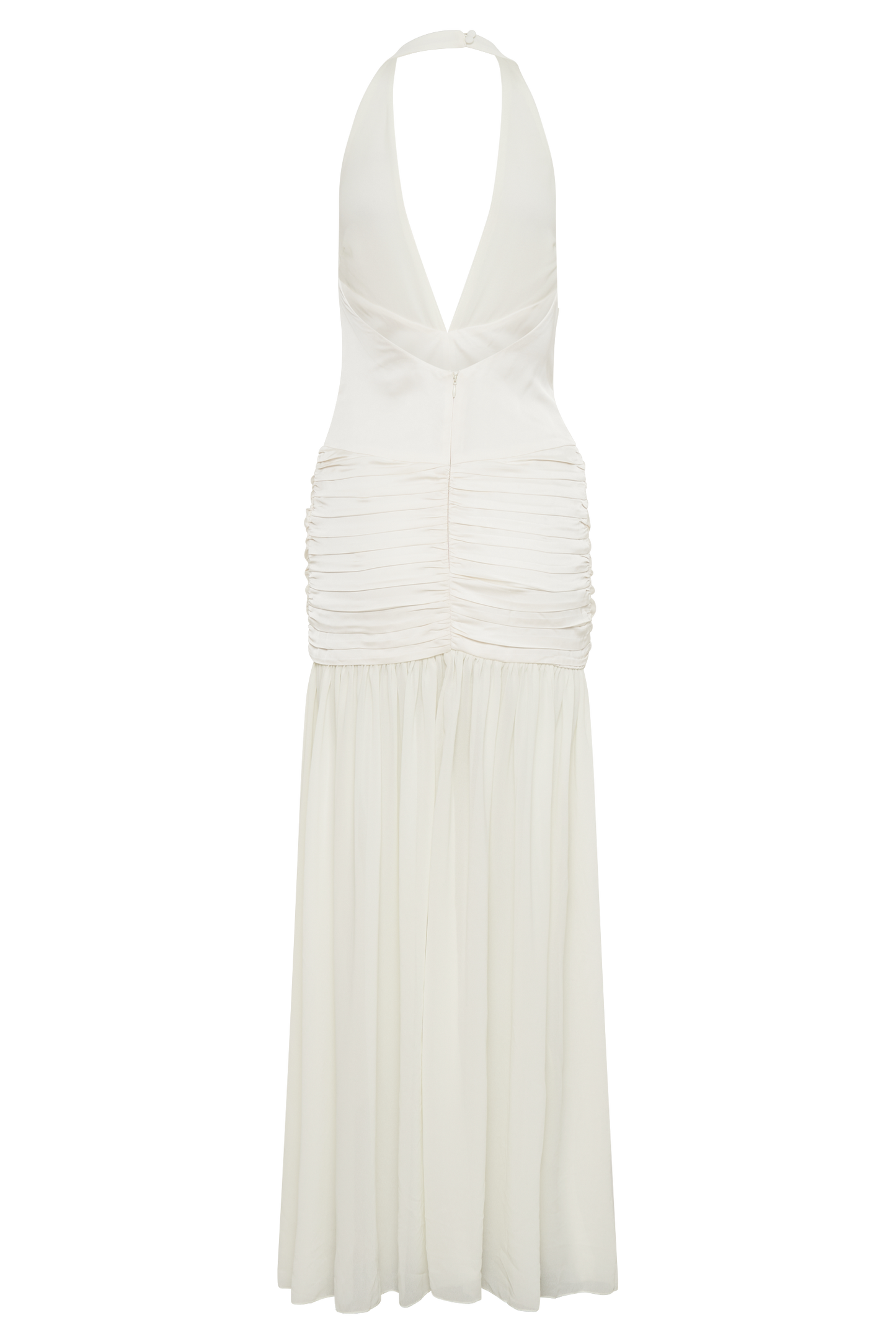Robe Maxi en Satin et Chiffon à Décolleté Plongeant - Ivoire