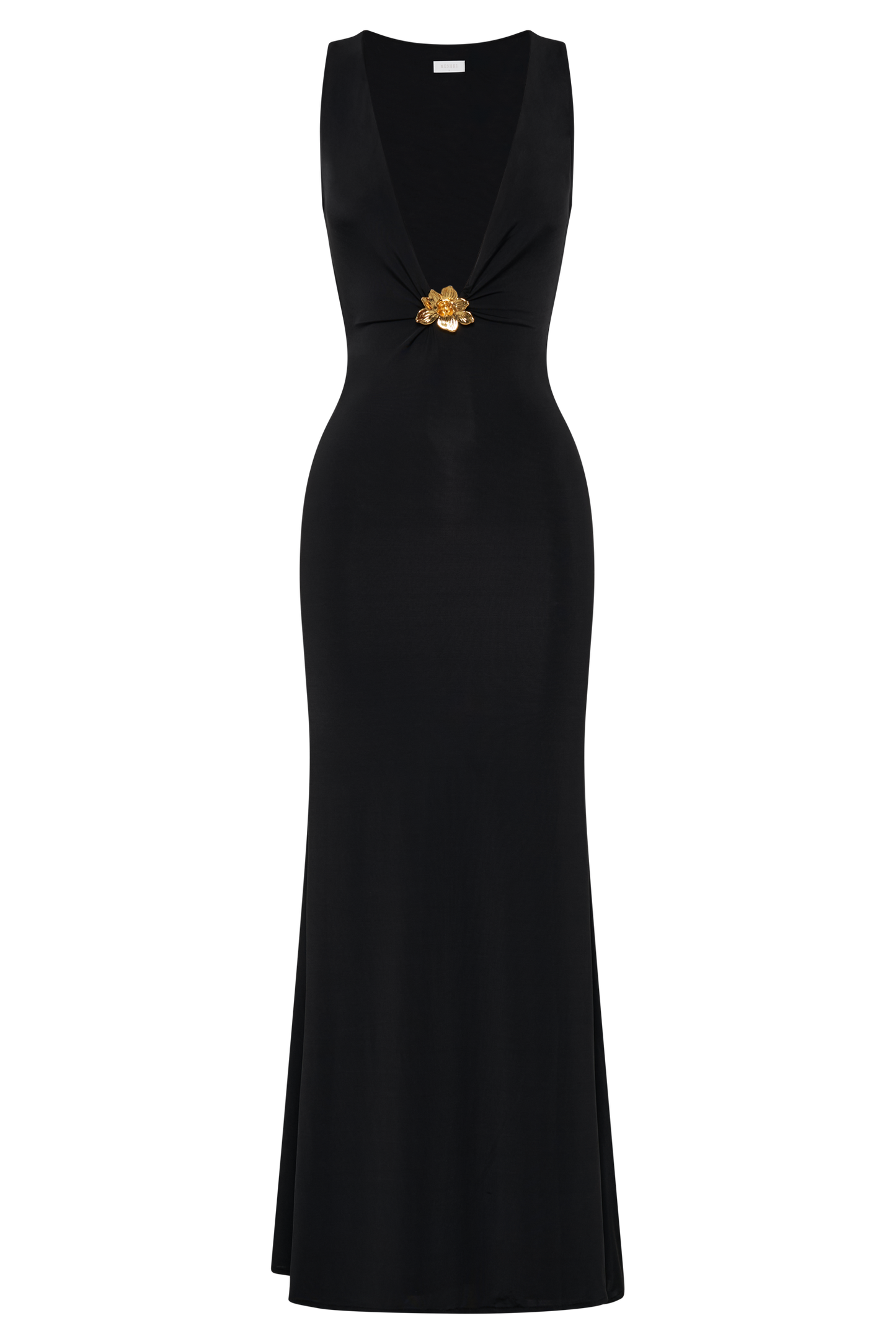 Robe Maxi Beck à Décolleté Plongeant avec Frotterie Florale - Noir