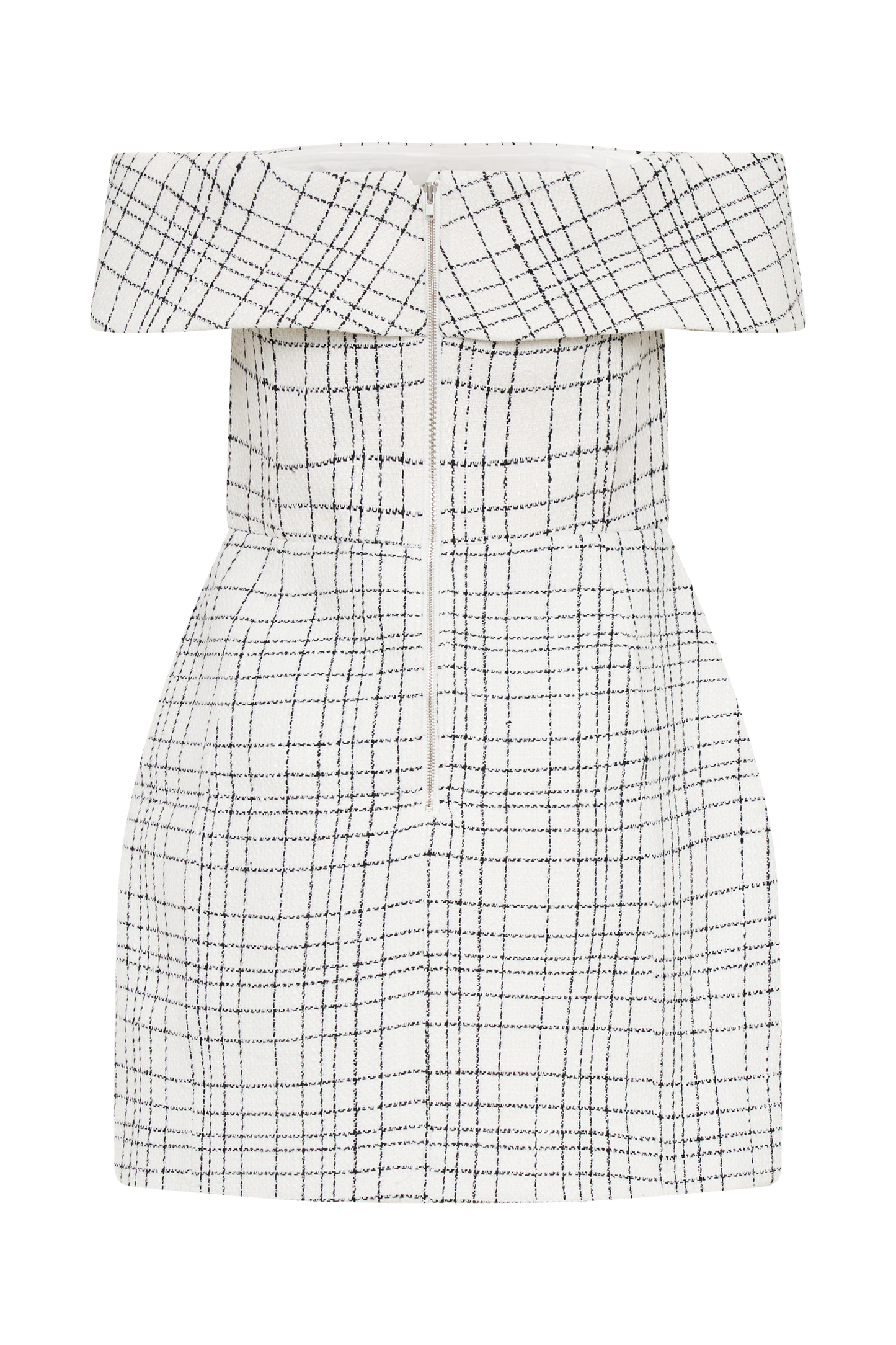 Mini-robe en tweed Helena, épaules dénudées - carreaux blancs