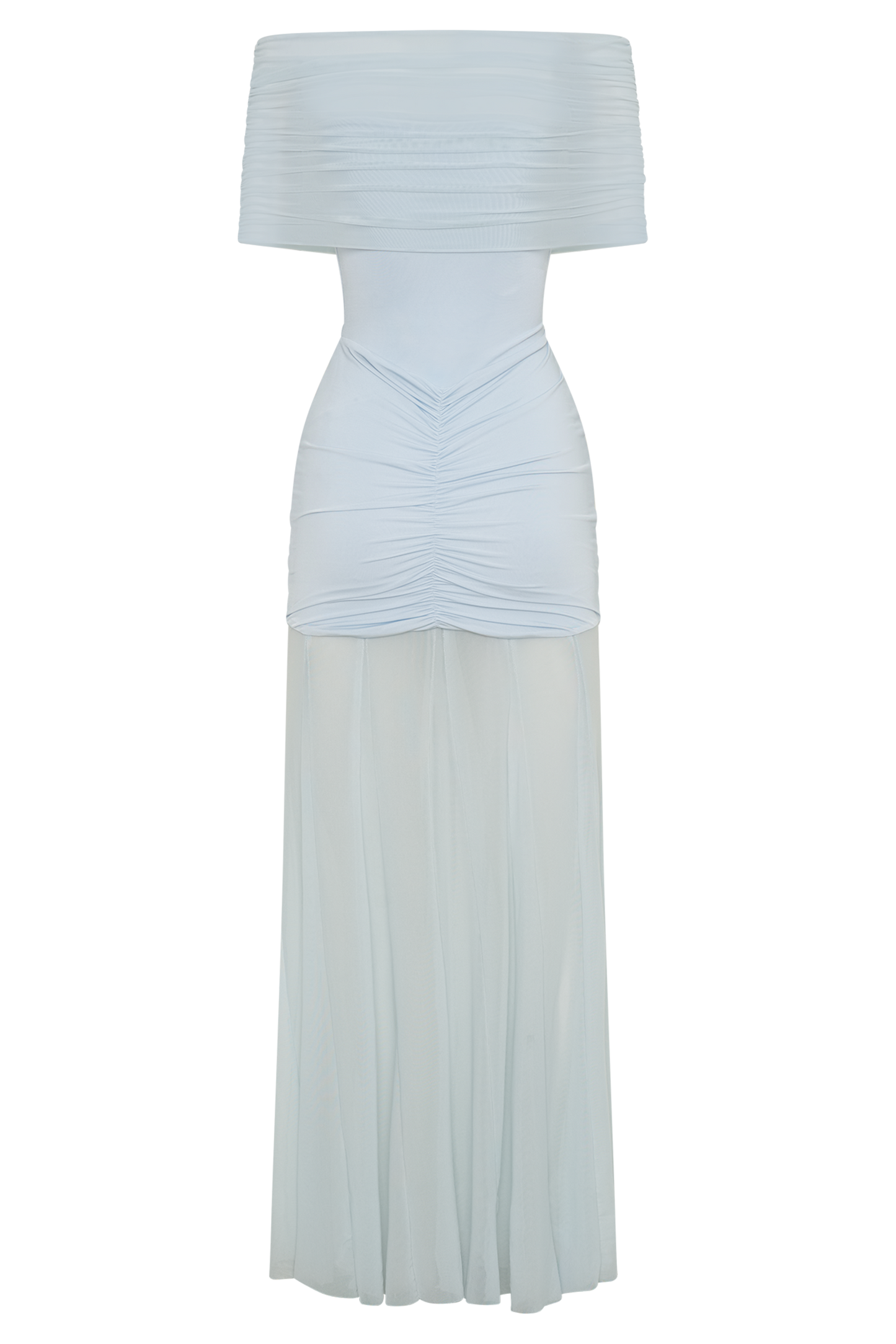 Robe Maxi Décolletée et à Manches Frangées en Mousseline et Maille - Bleu Clair