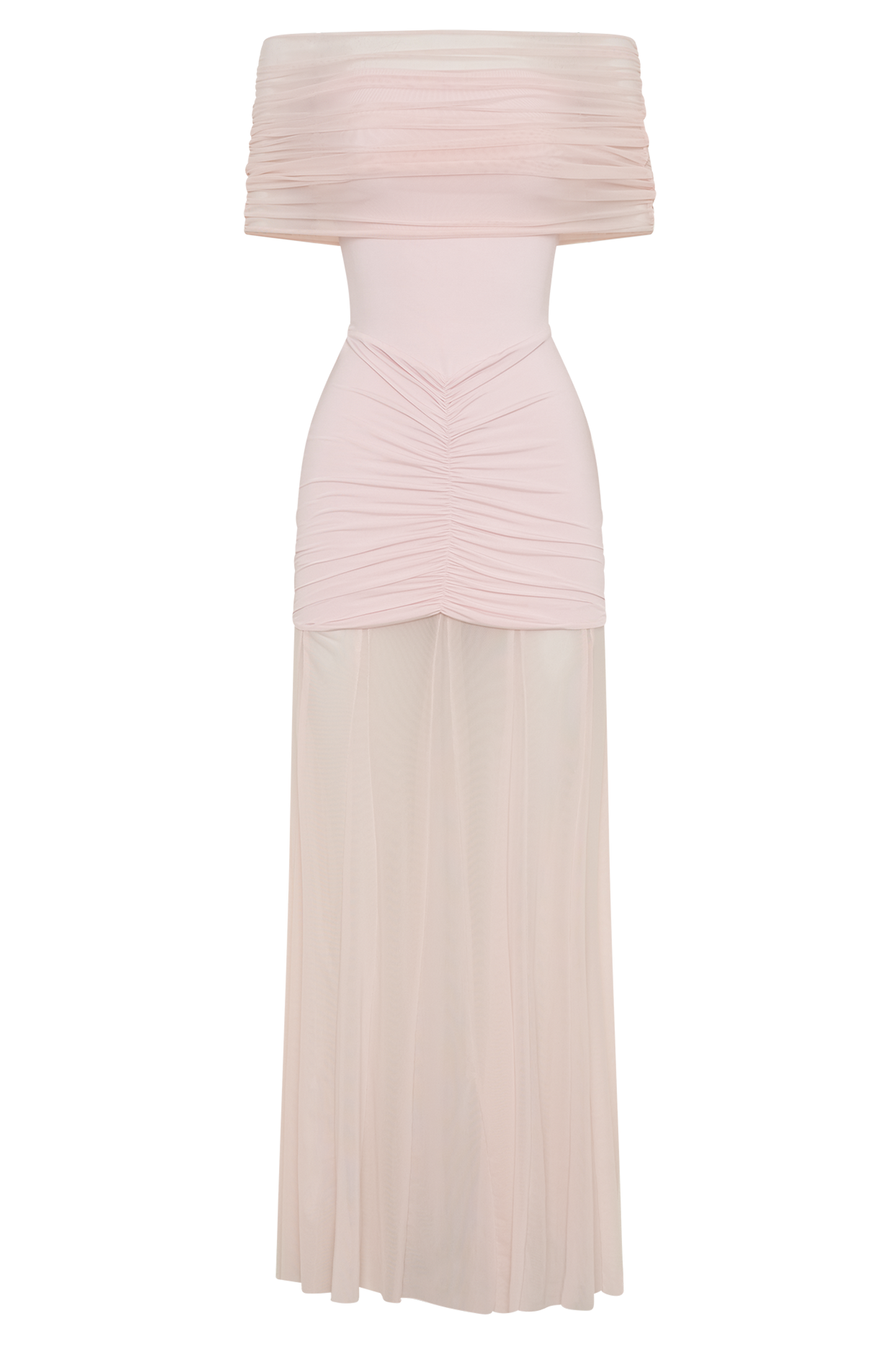 Robe Maxi Décolletée et à Manches en Mousseline et Maille - Rose Pâle