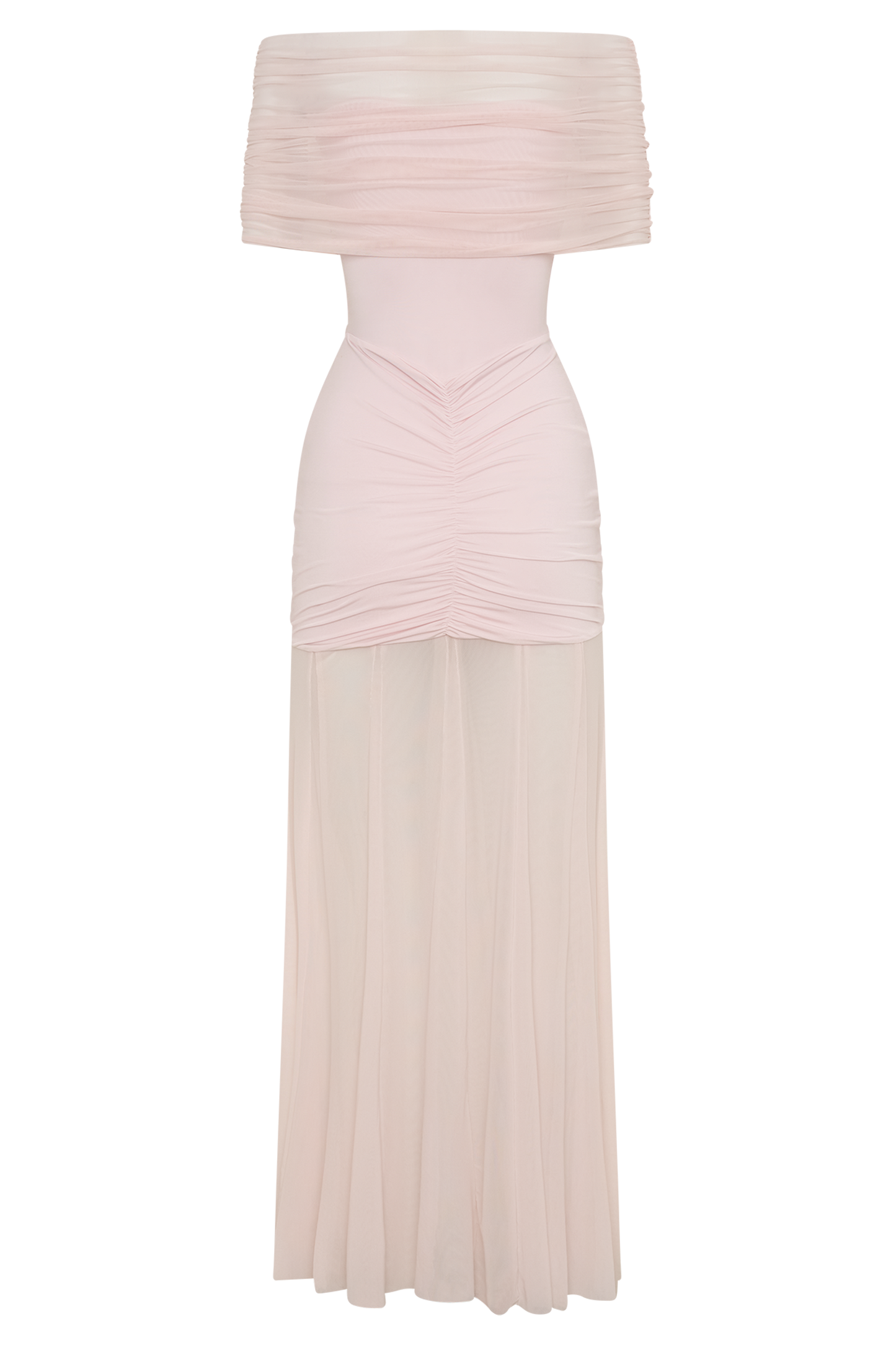 Robe Maxi Décolletée et à Manches en Mousseline et Maille - Rose Pâle