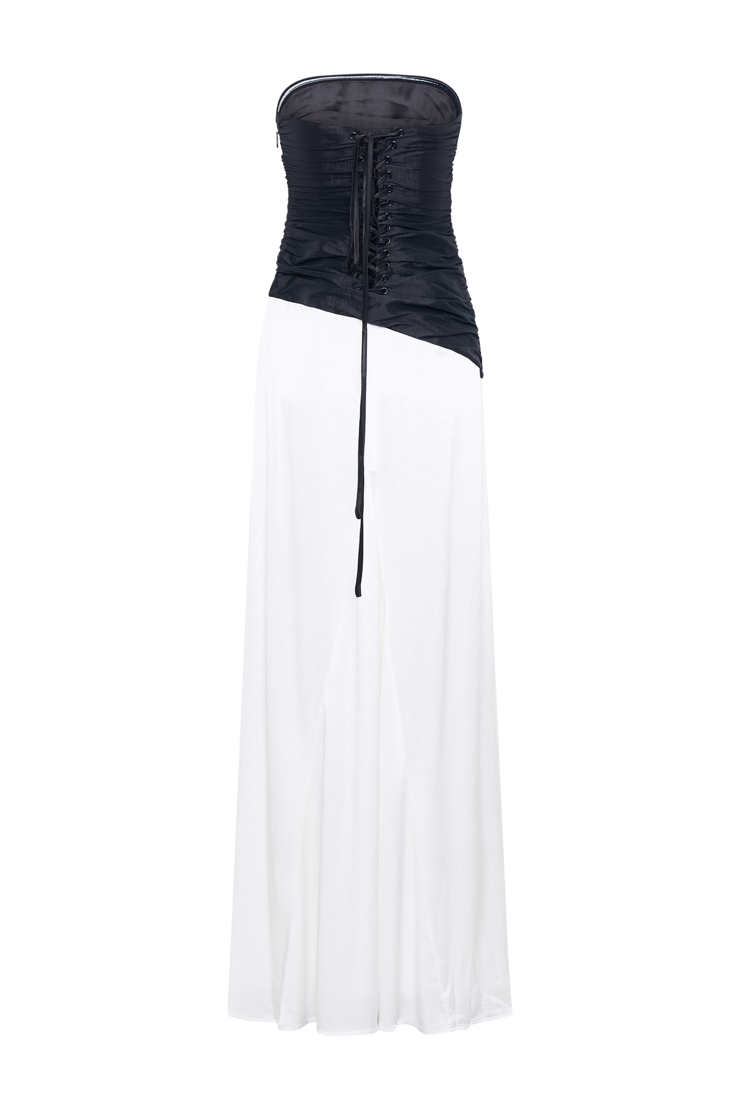 Serena Robe Maxi en Taffetas Sans Bretelles - Blanc/Noir