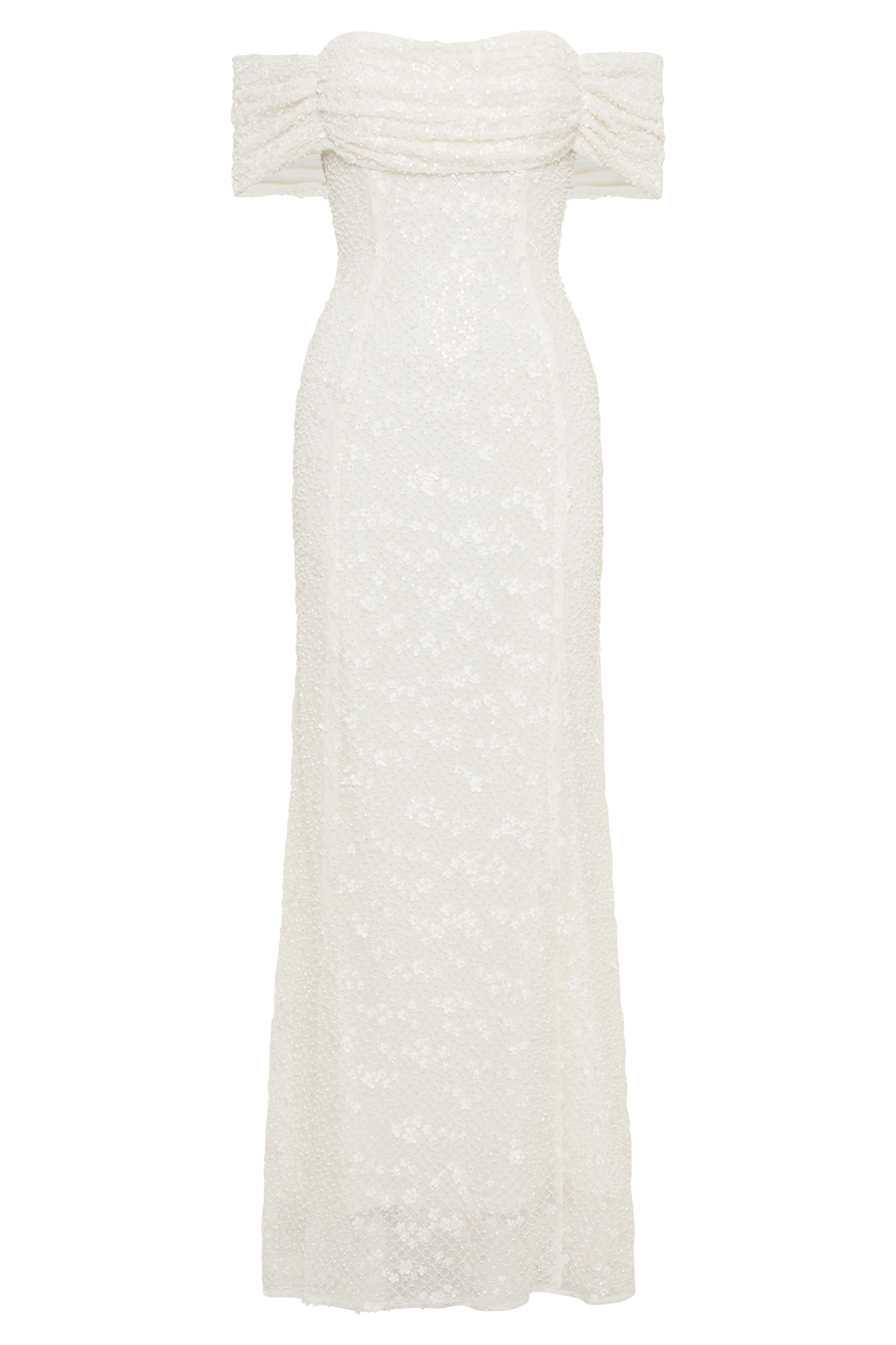 Robe de mariée blanche Priyanka Daisy, perlée et décolletée épaules dénudées.