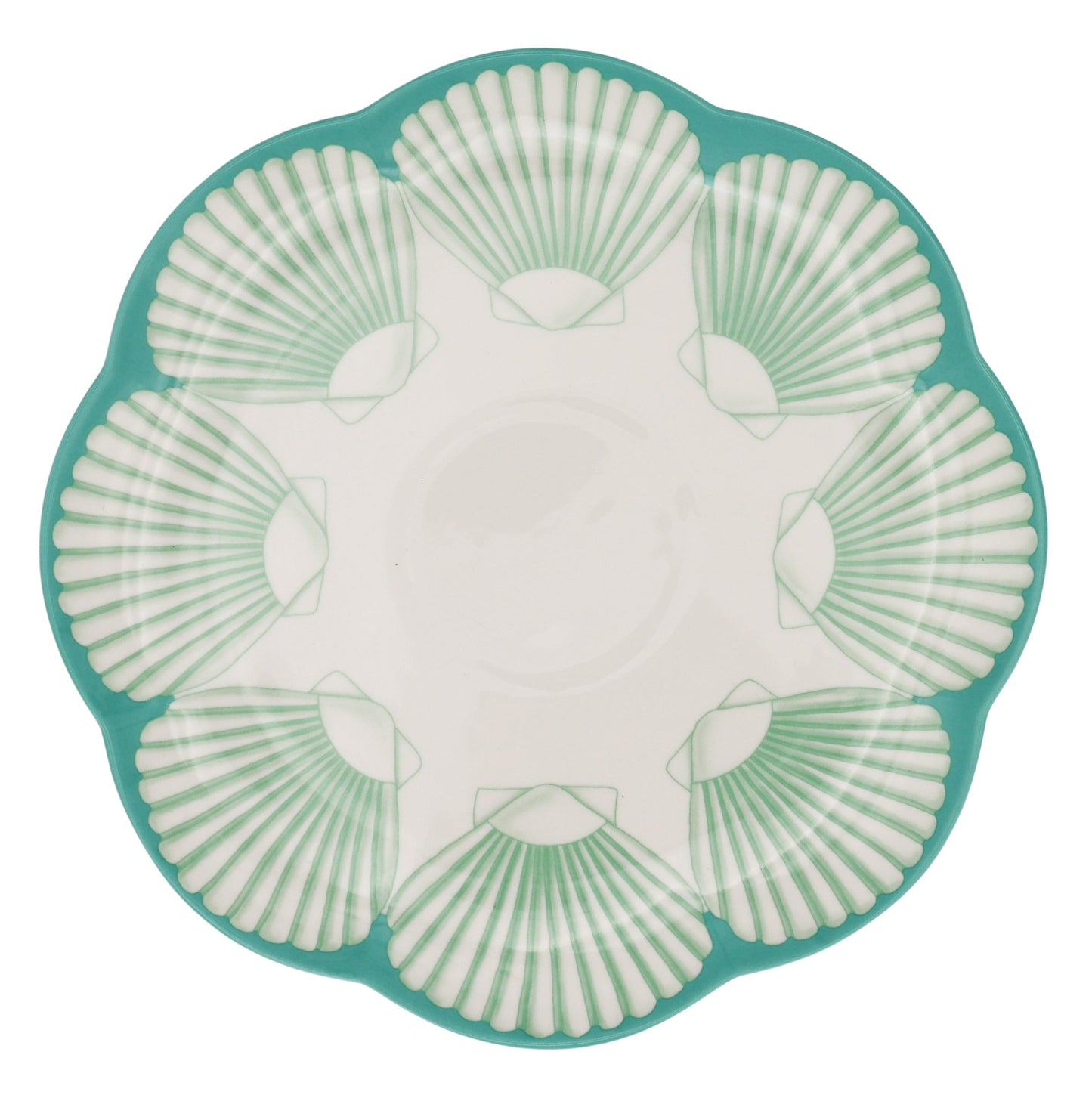 Assiette plate en céramique Balearic Blu blanche avec motif vert et bord peint à la main (lot de 4)