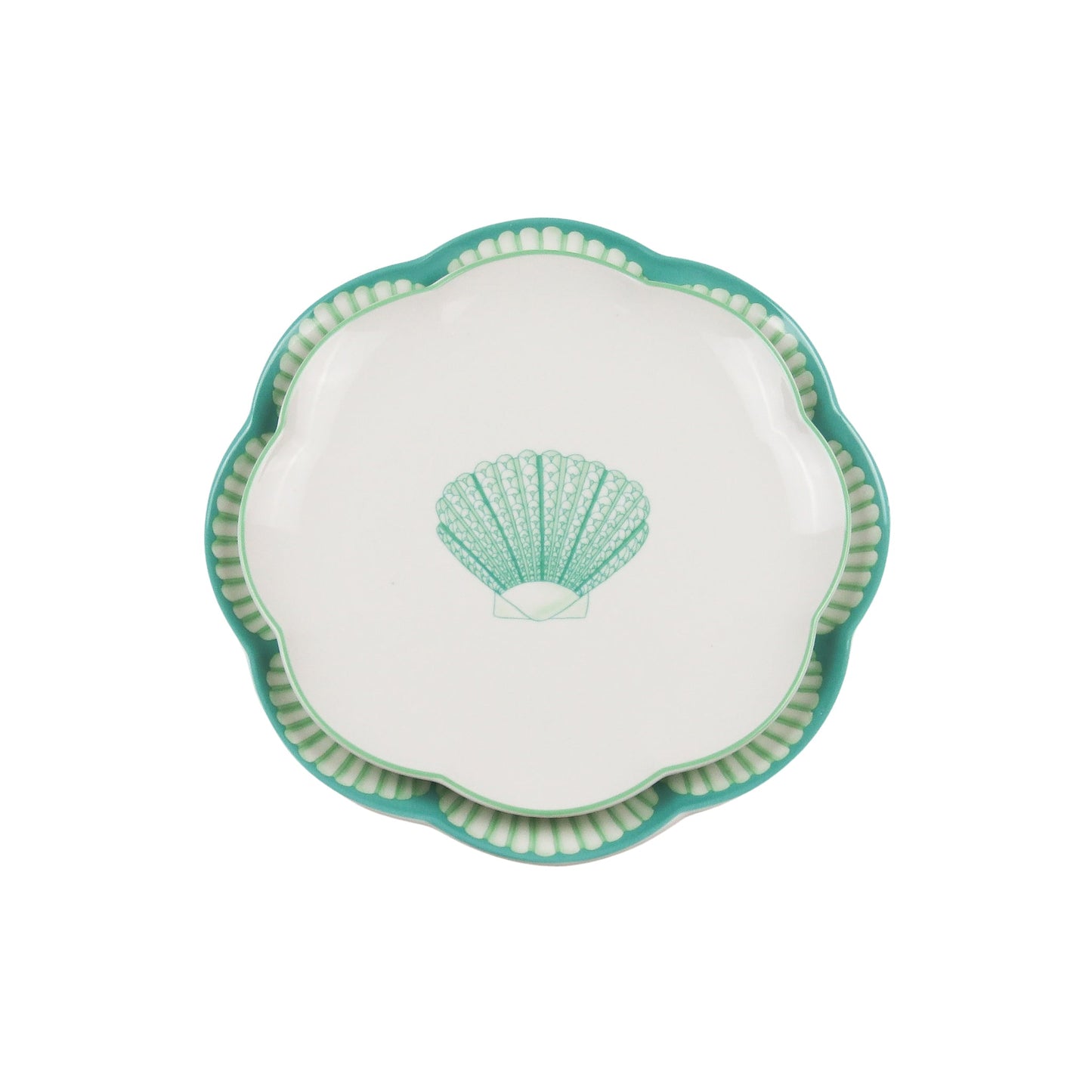 Assiette plate en céramique Balearic Blu blanche avec motif vert et bord peint à la main (lot de 4)