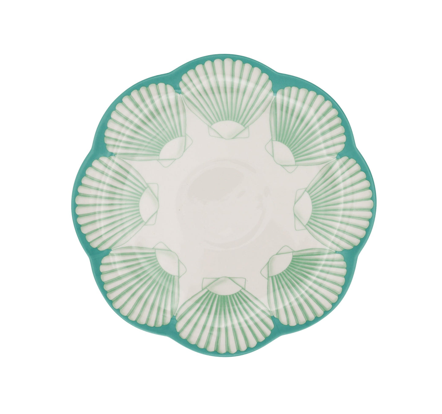 Assiette plate en céramique Balearic Blu blanche avec motif vert et bord peint à la main (lot de 4)