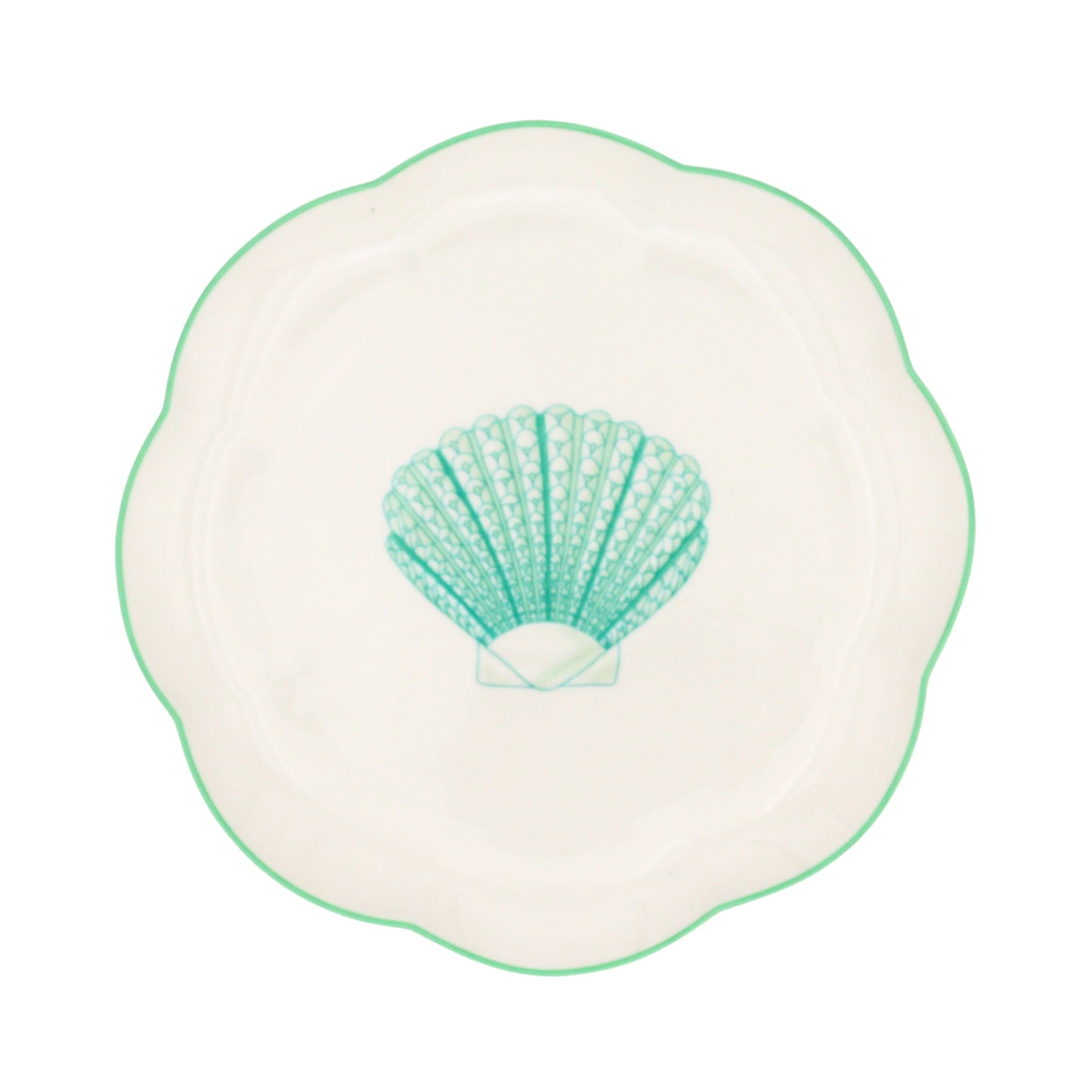 Assiette à entrée en céramique Balearic Blu blanche avec motif coquille Saint-Jacques verte et bord peint à la main (lot de 4)