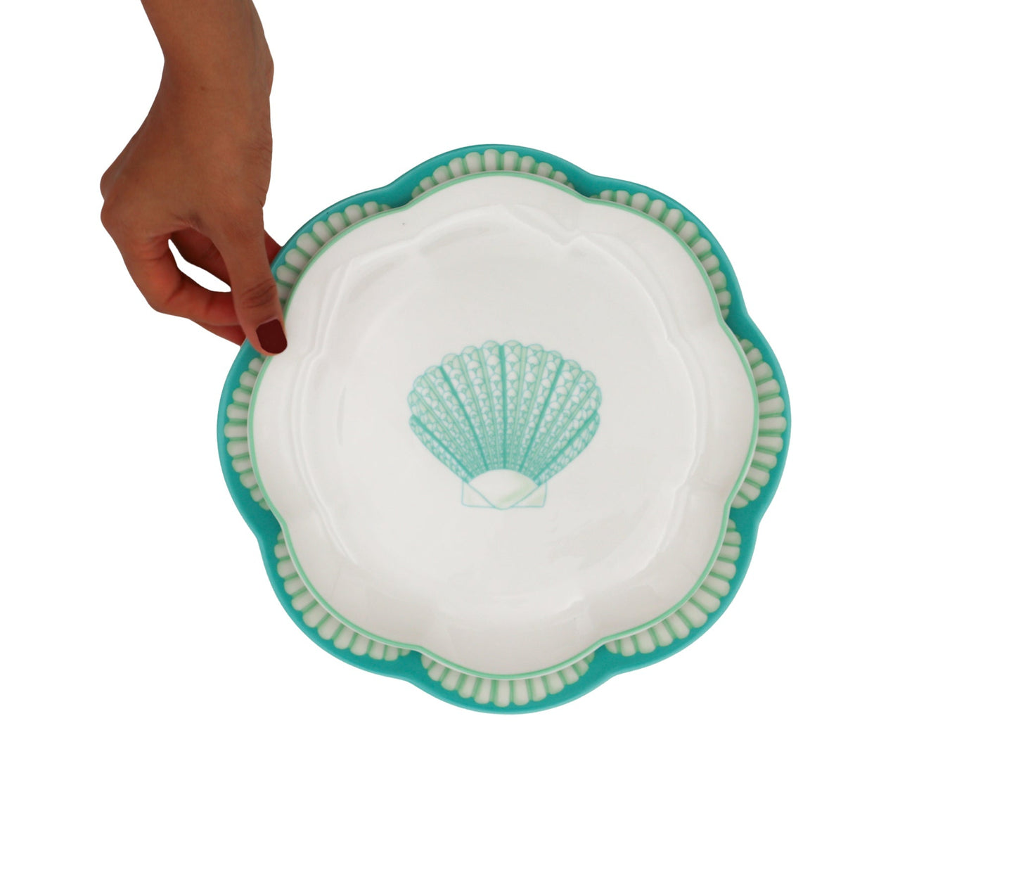 Assiette à entrée en céramique Balearic Blu blanche avec motif coquille Saint-Jacques verte et bord peint à la main (lot de 4)