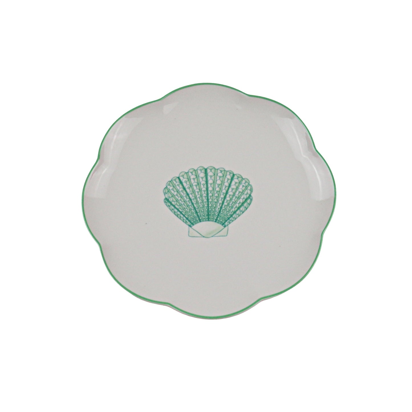 Assiette à entrée en céramique Balearic Blu blanche avec motif coquille Saint-Jacques verte et bord peint à la main (lot de 4)