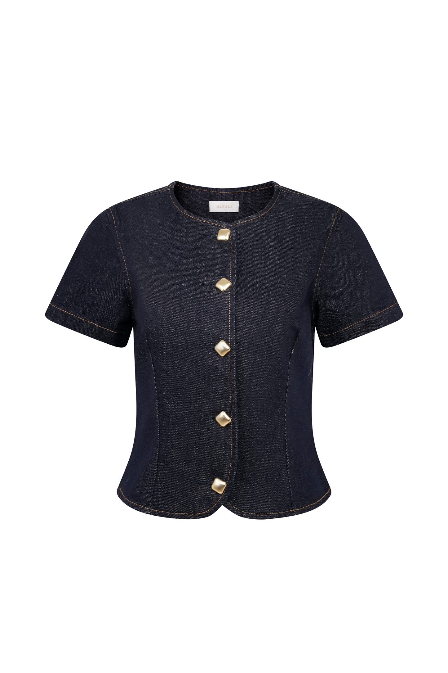Top en jean à manches courtes et boutons - Bleu indigo délavé