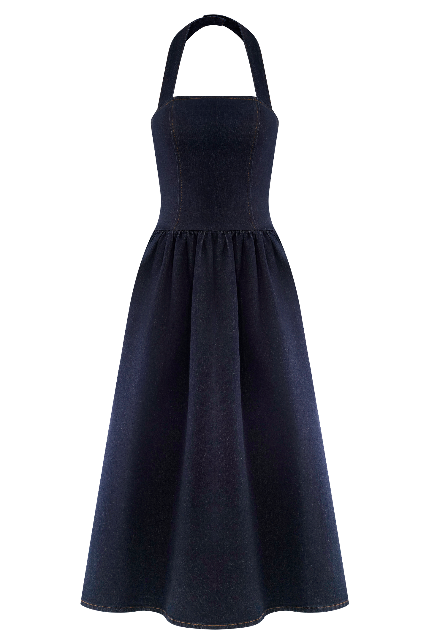Caroline Robe Midi en Jean à Décolleté Halter - Bleu Indigo