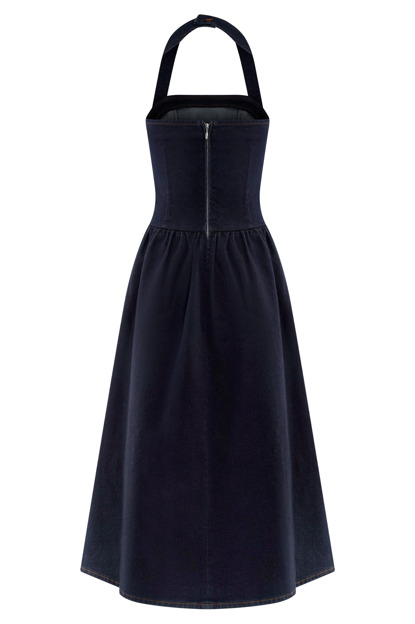 Caroline Robe Midi en Jean à Décolleté Halter - Bleu Indigo