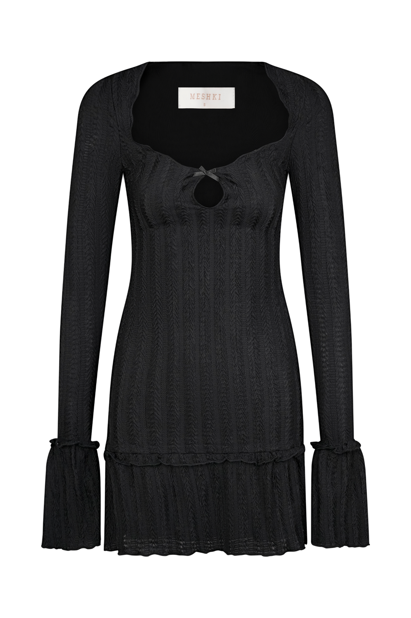 Robe mini à manches longues en pointelle Daphne - Noir