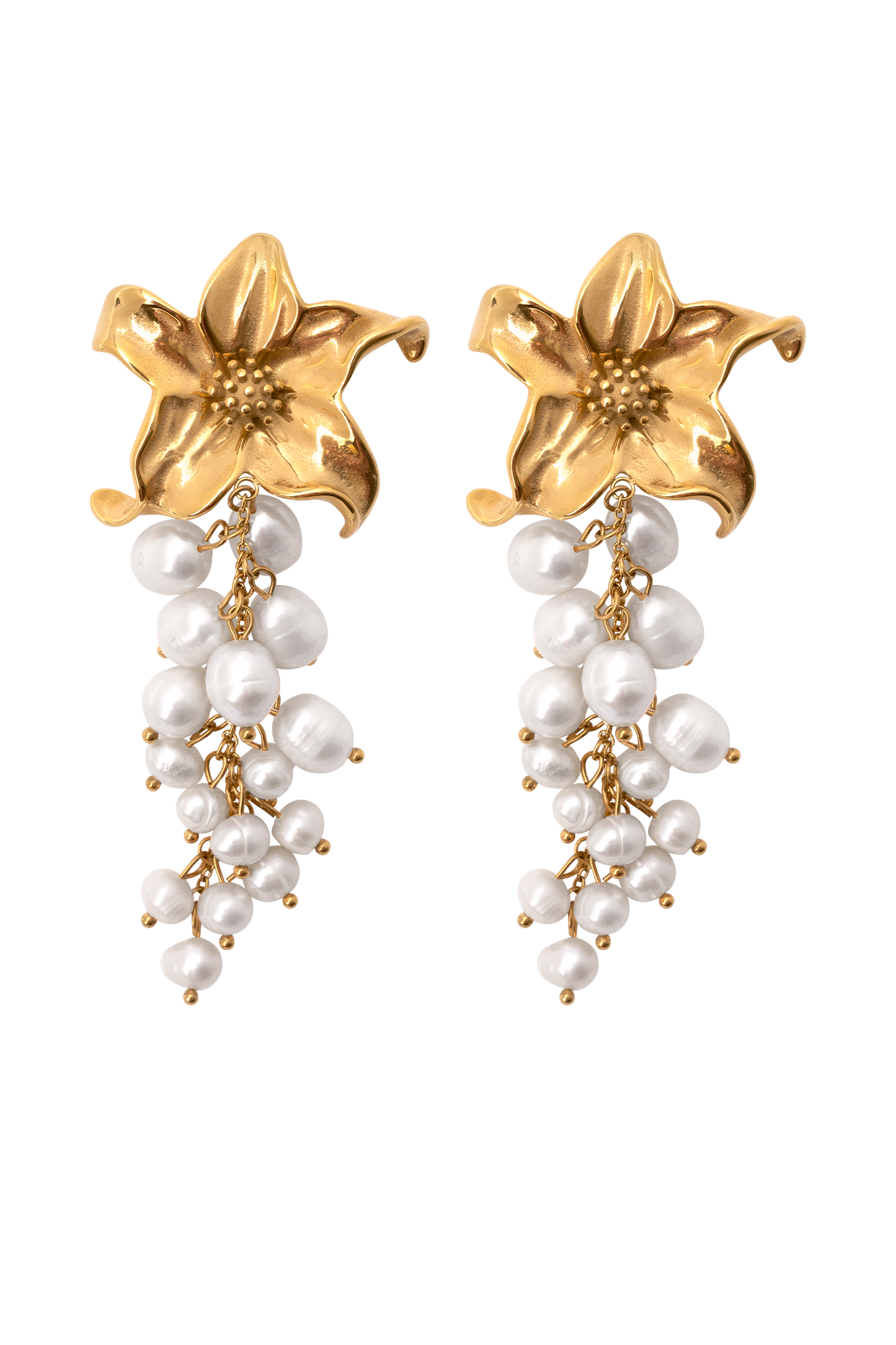 Boucles d'oreilles Eva en perles d'eau douce avec motif floral - Or