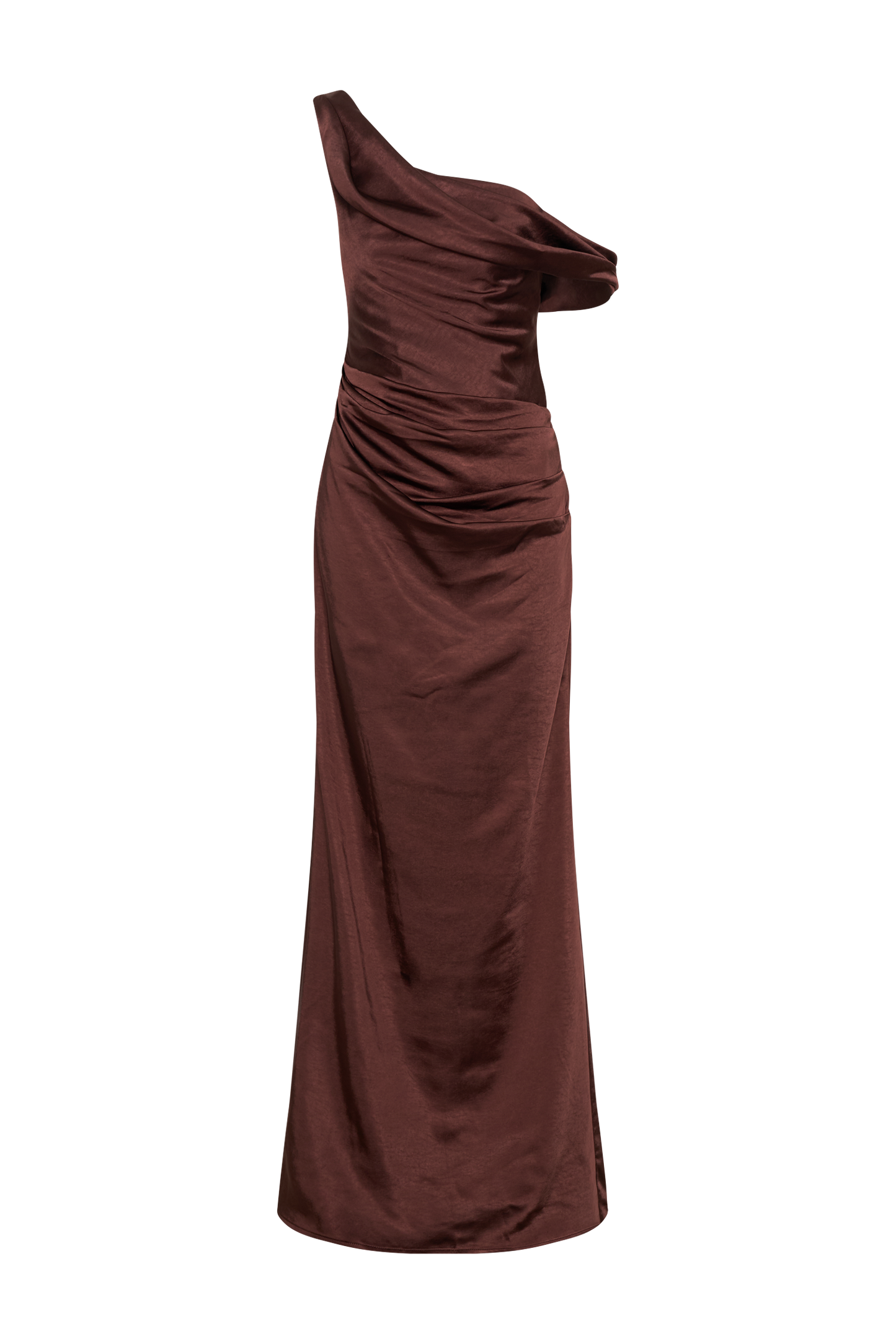 Robe Maxi en Satin Dalia à Manches Décolletées - Chocolat Noir