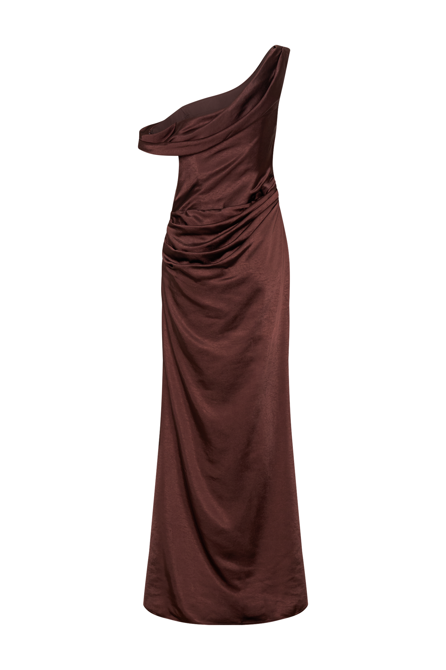 Robe Maxi en Satin Dalia à Manches Décolletées - Chocolat Noir
