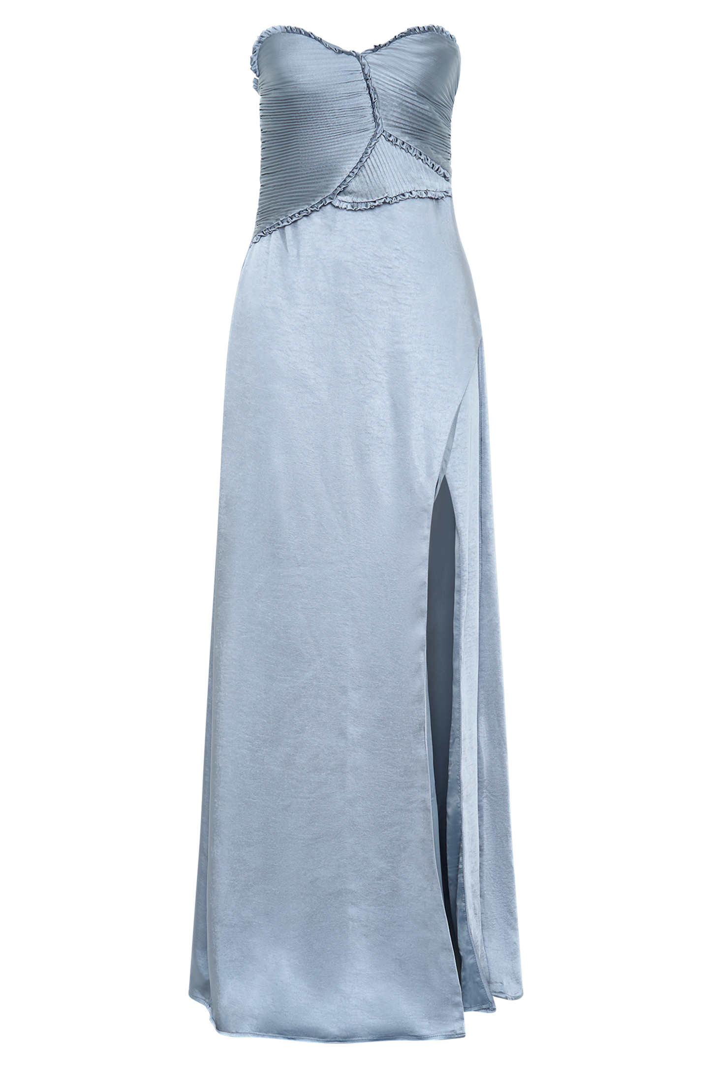 Robe maxi en satin Larissa avec pétales froncés - Bleu givré