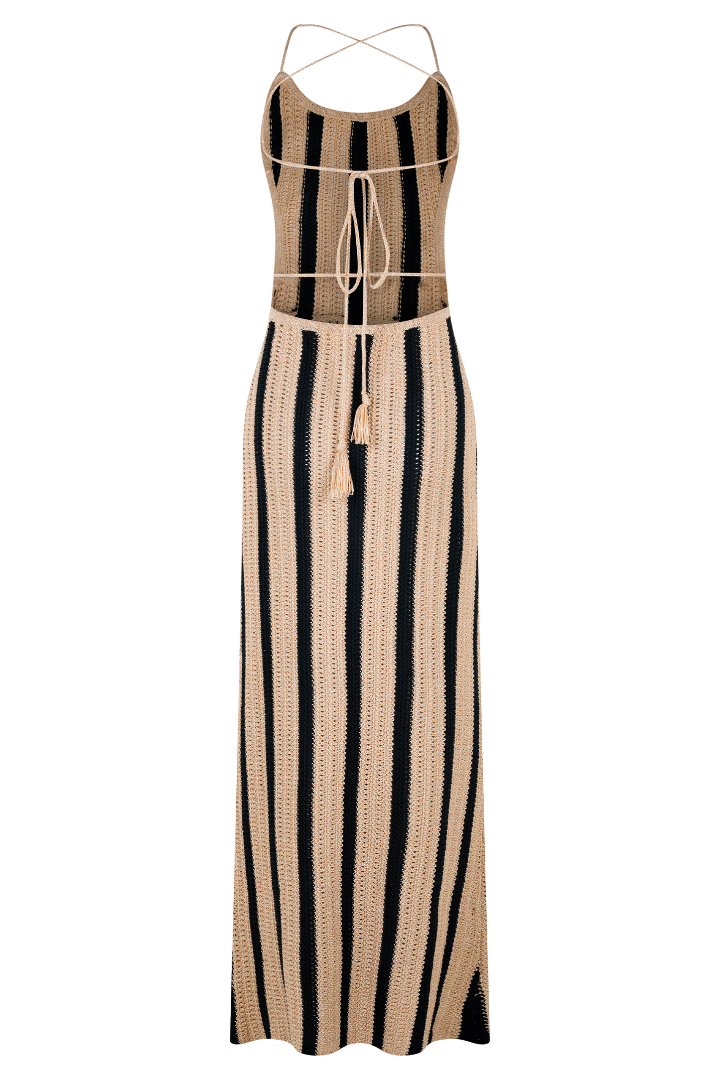 Robe Maxi Crochetee à Manches Frangées - Or/Noir