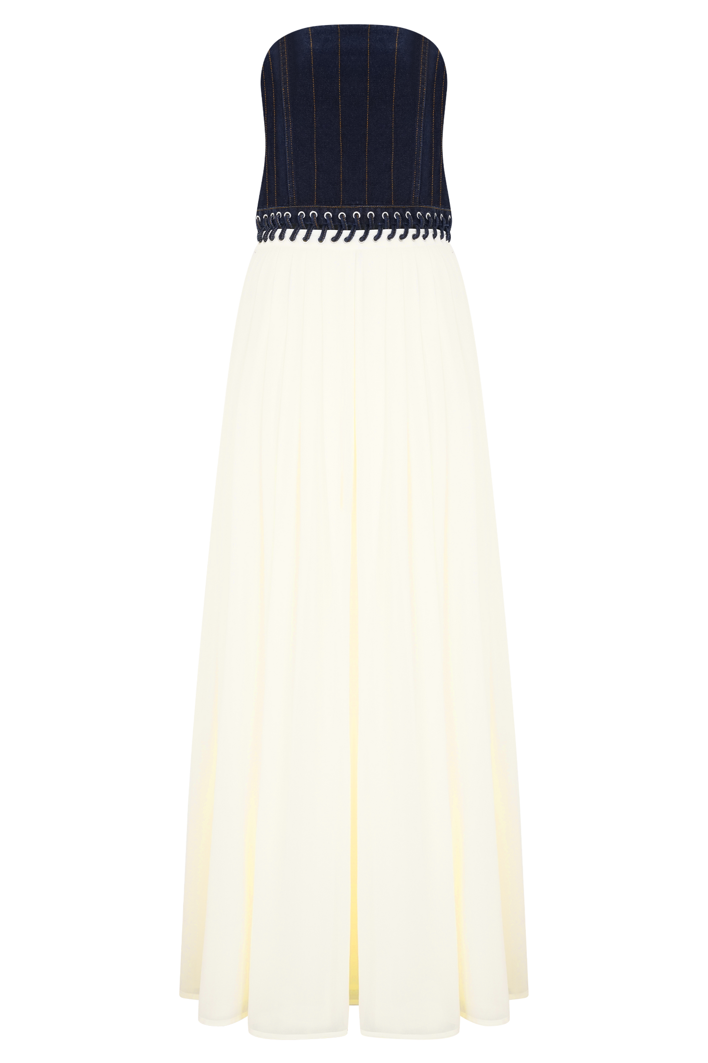 Robe maxi en jean et mousseline de soie Suella - Bleu indigo