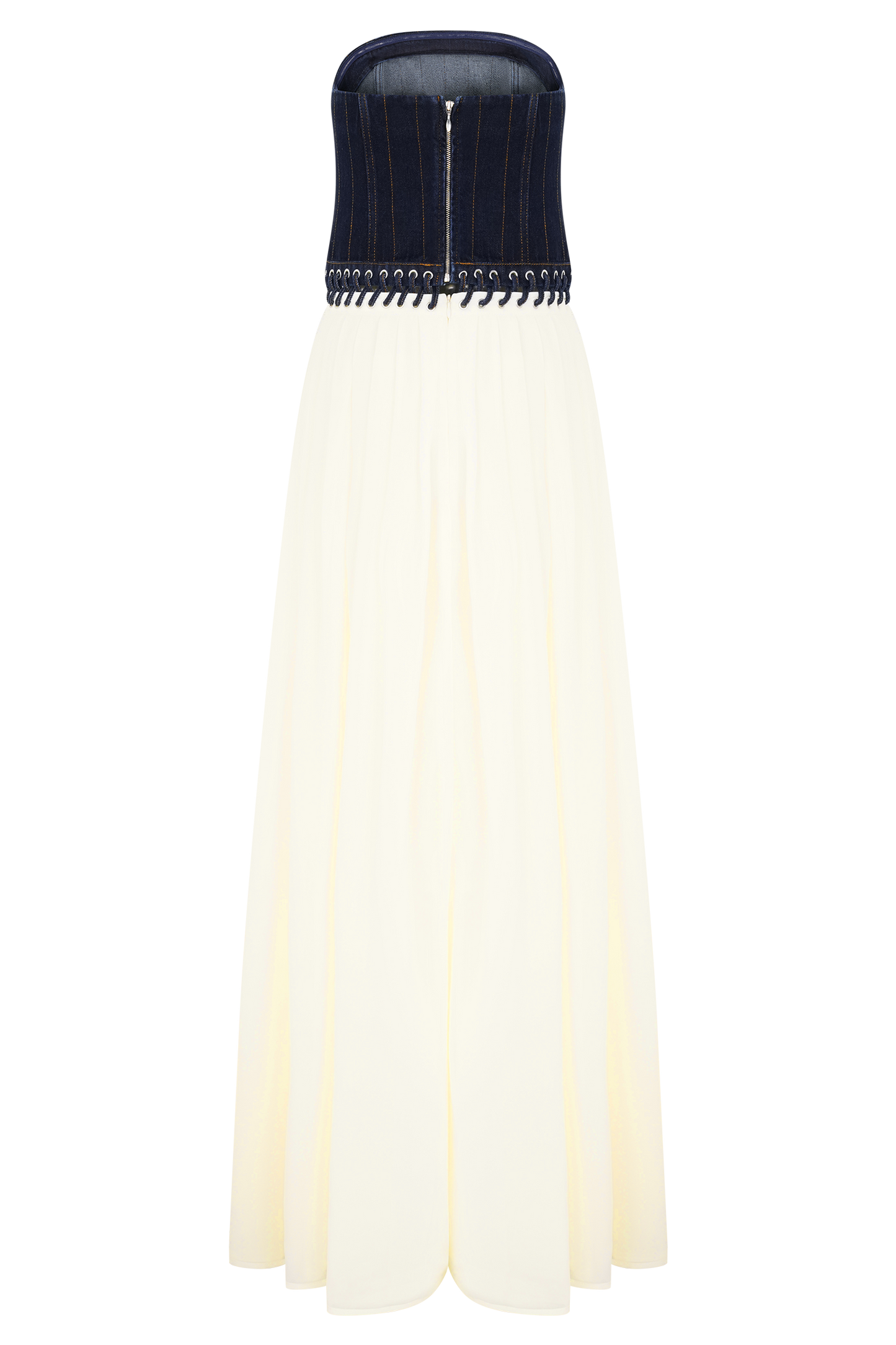 Robe maxi en jean et mousseline de soie Suella - Bleu indigo