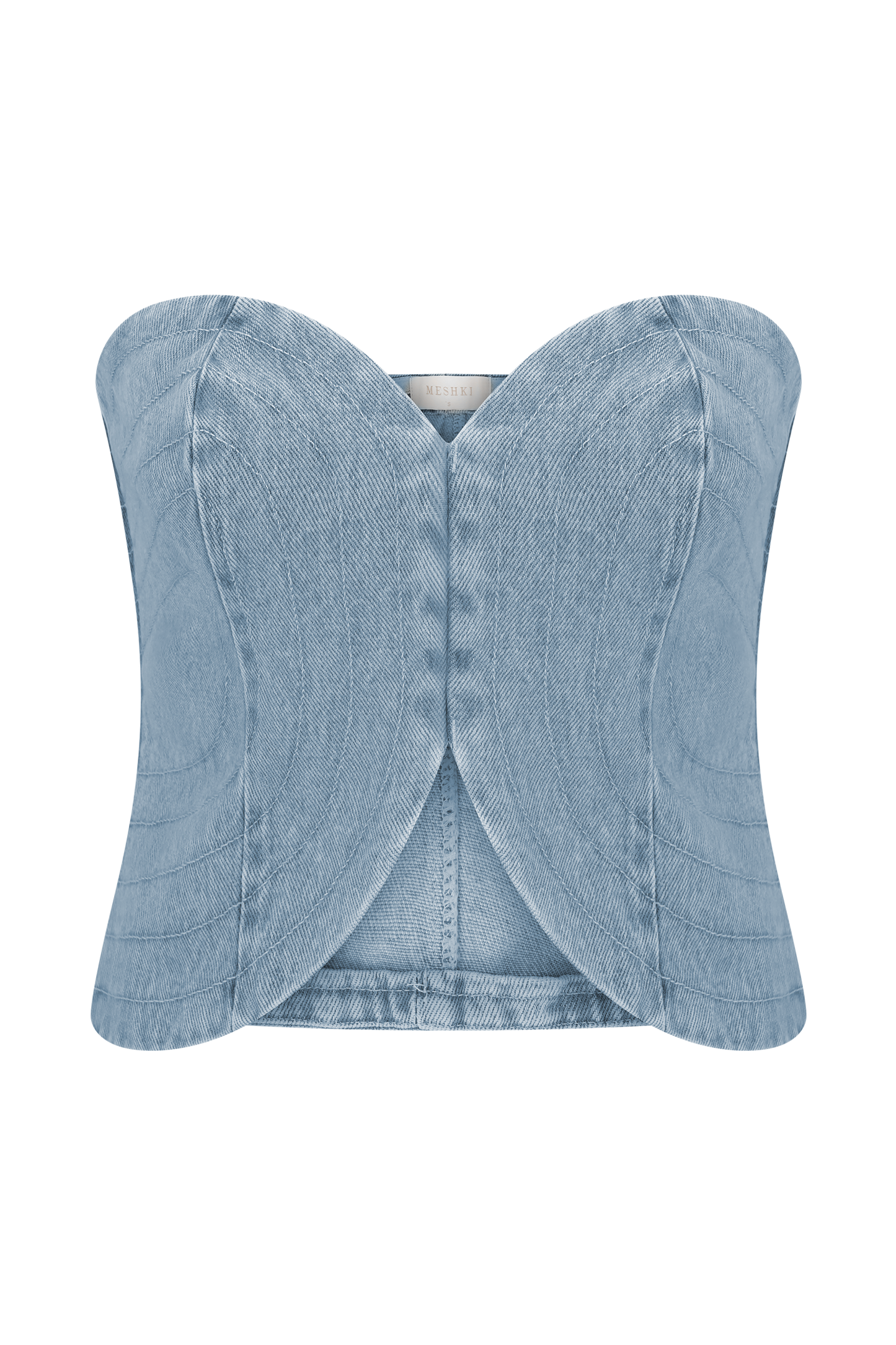 Top en jean sans bretelles à surpiqûres Tully - Bleu des années 80