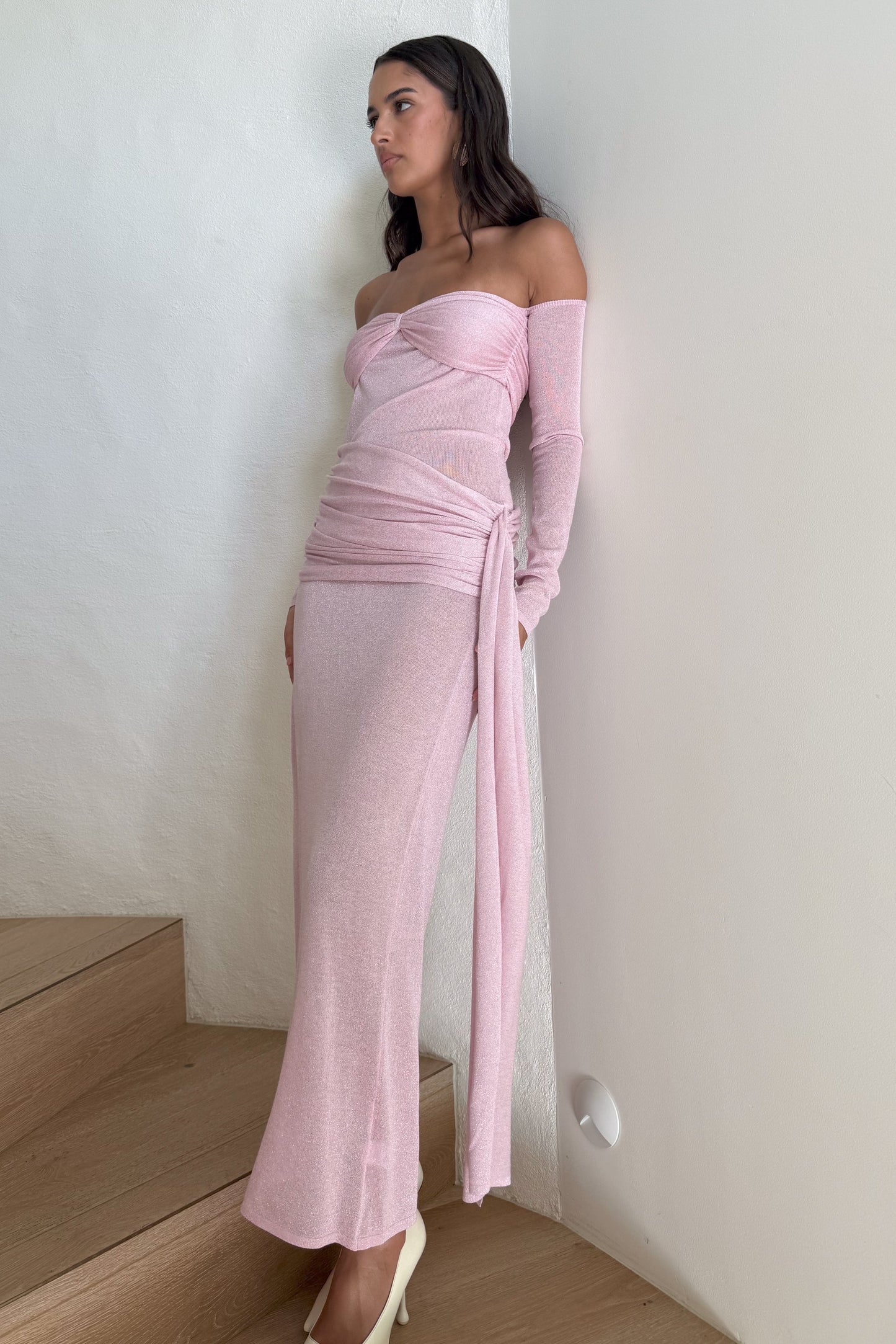 Robe Maxi en Tricot Métallisé Ingrid - Rose Poussière