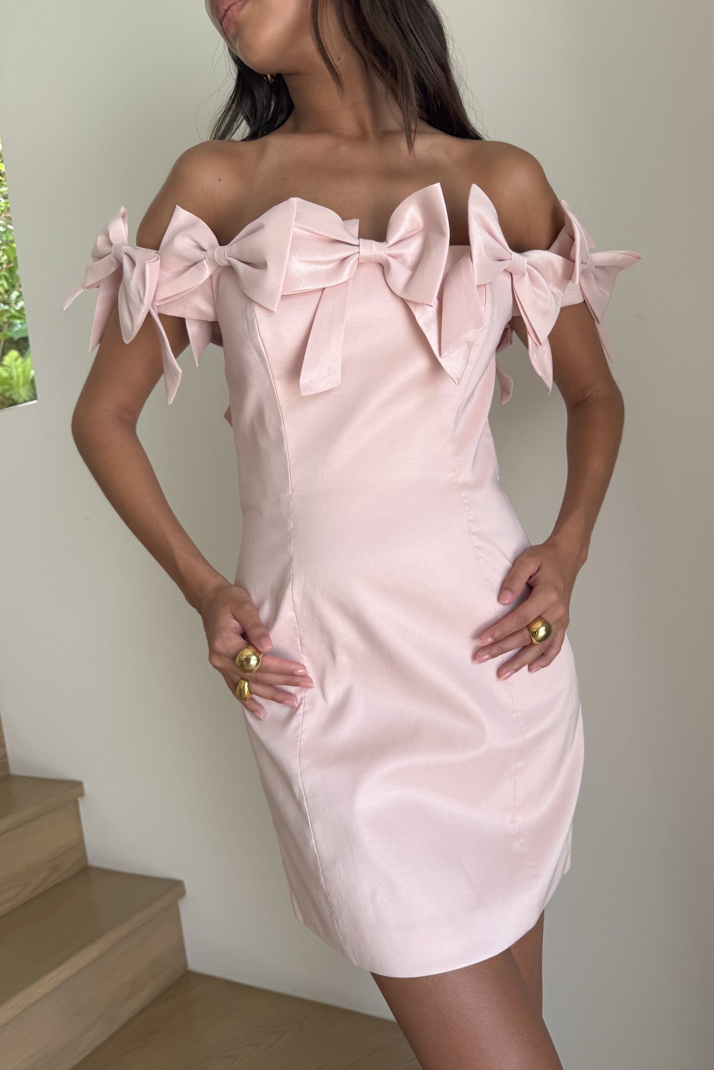 Mini-robe rose sans bretelles avec nœud - Rose poudré