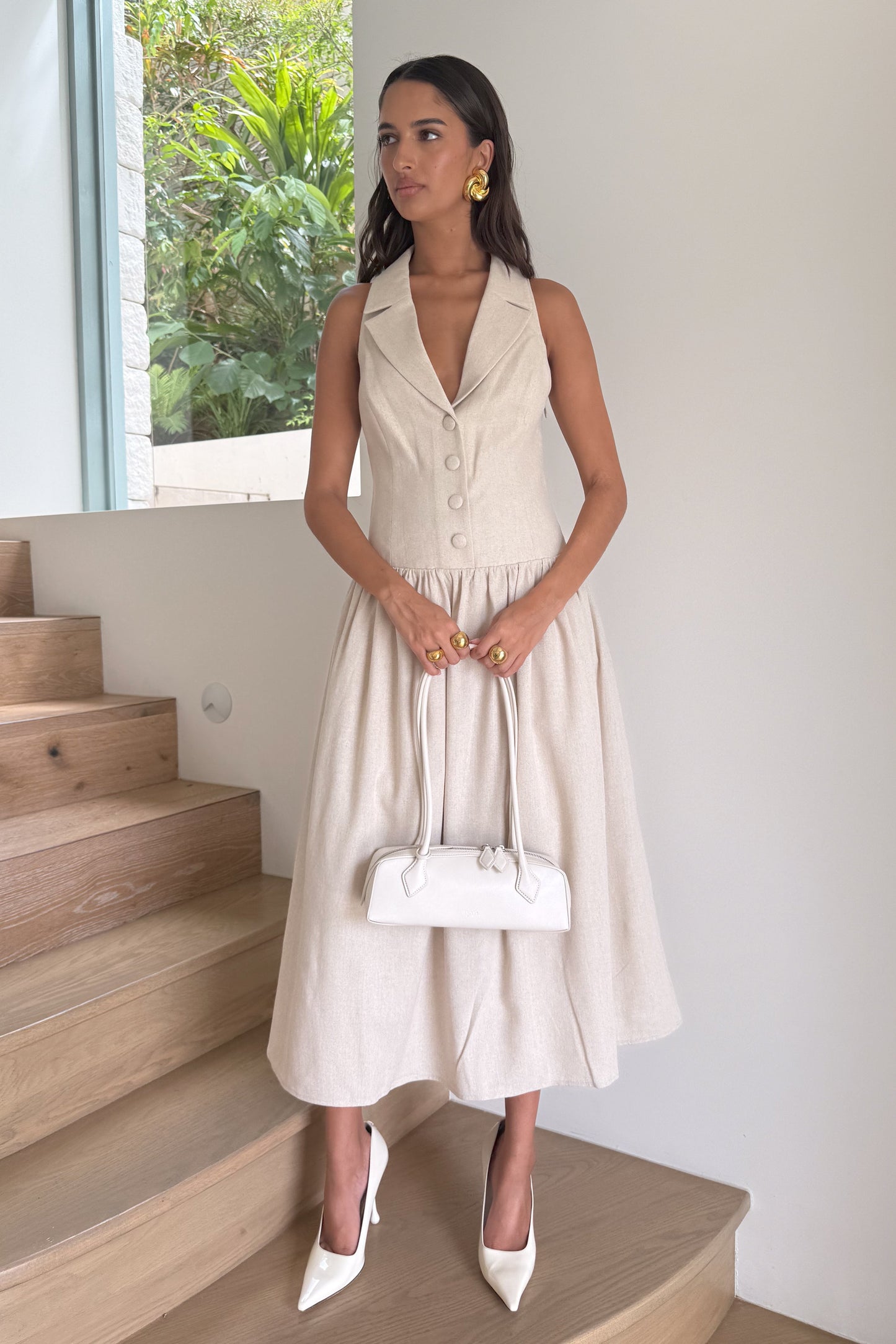 Robe midi à col en lin Valery - Naturel