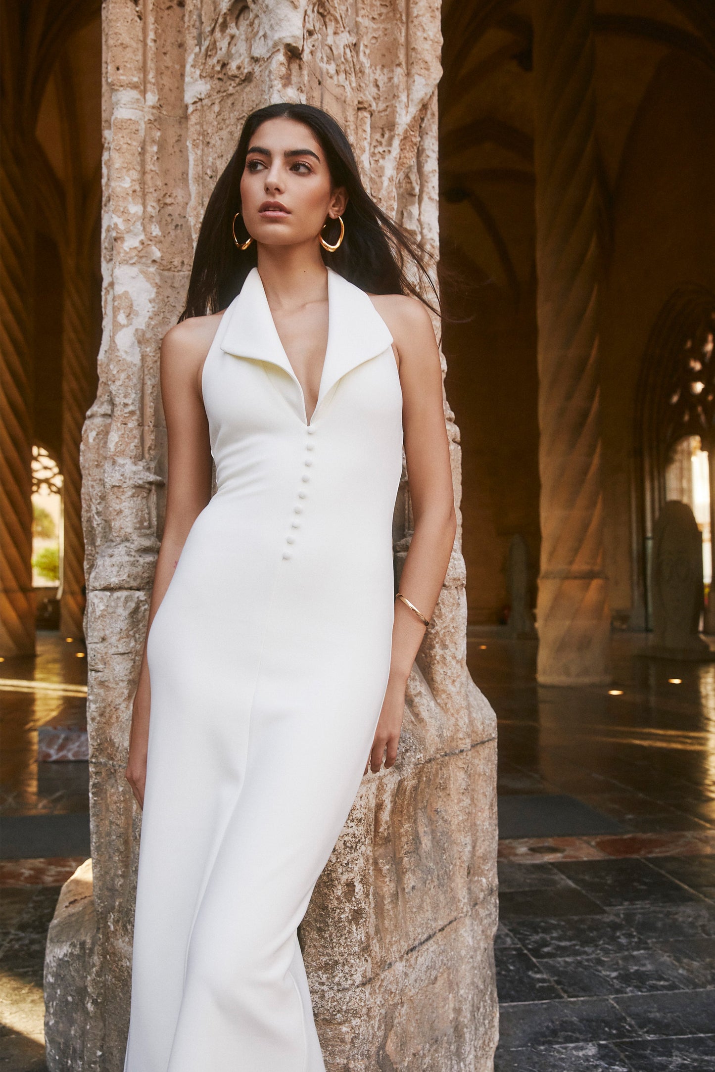 Robe midi en crêpe à col halter Annita - Ivoire