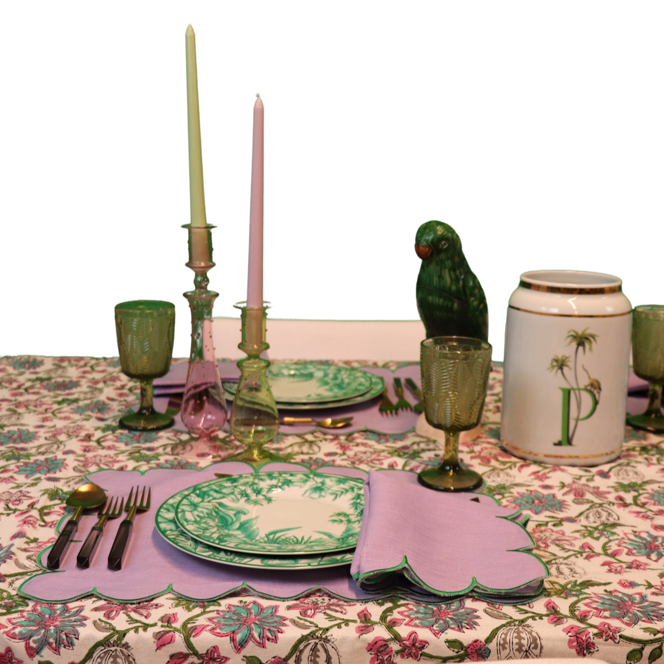 Serviettes en lin ornées lilas avec bordure verte (lot de 4)