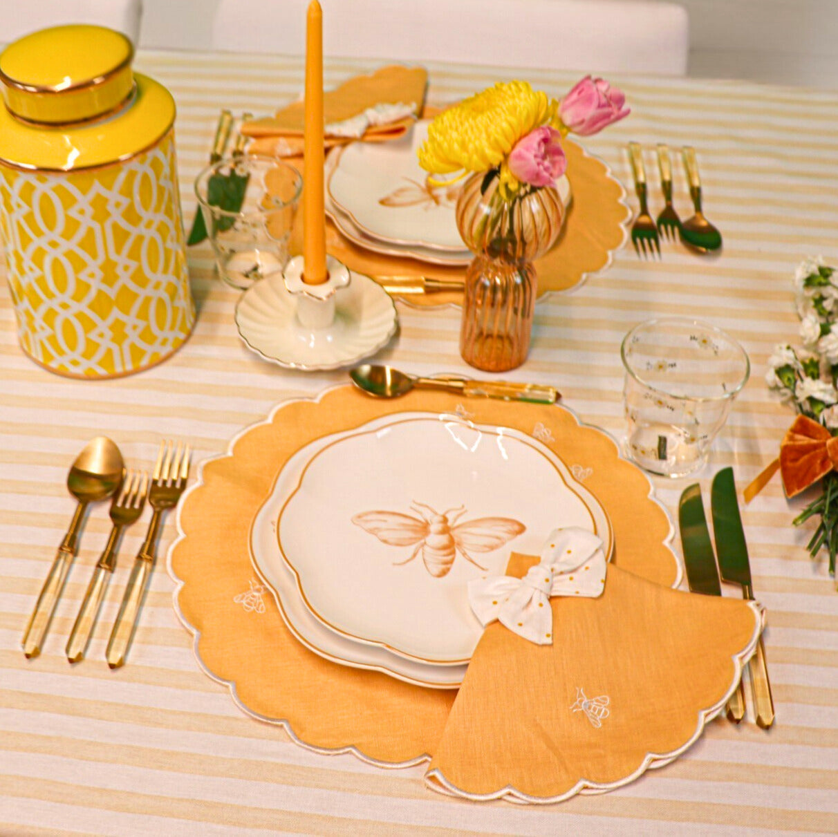 Nappe en coton et lin à rayures sorbet litchi jaune et blanc
