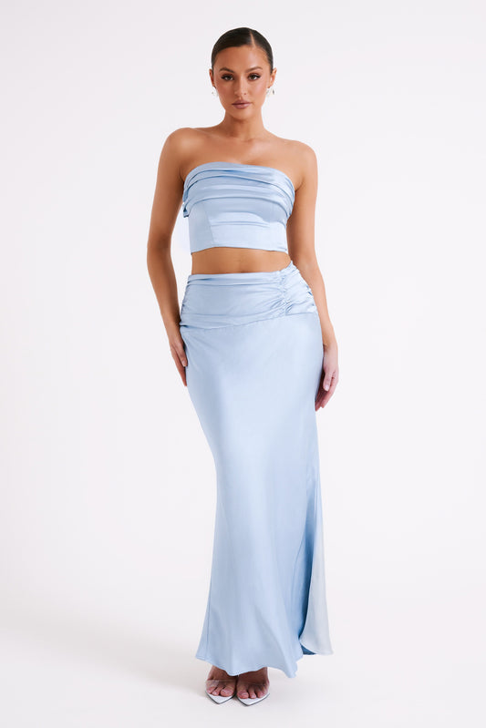 Jupe Maxi Satin à Plis Khalani - Bleu Glacé