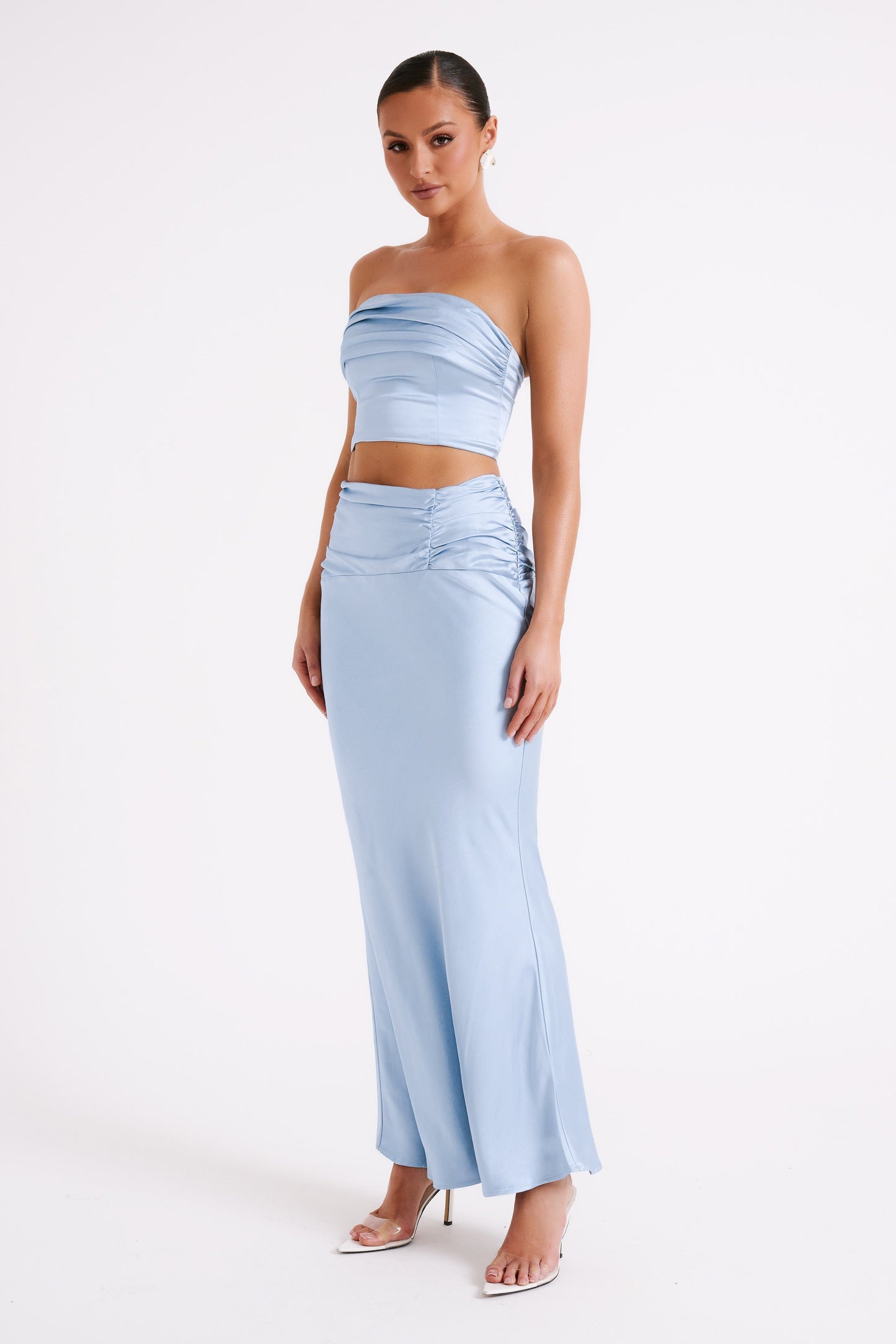 Jupe Maxi Satin à Plis Khalani - Bleu Glacé