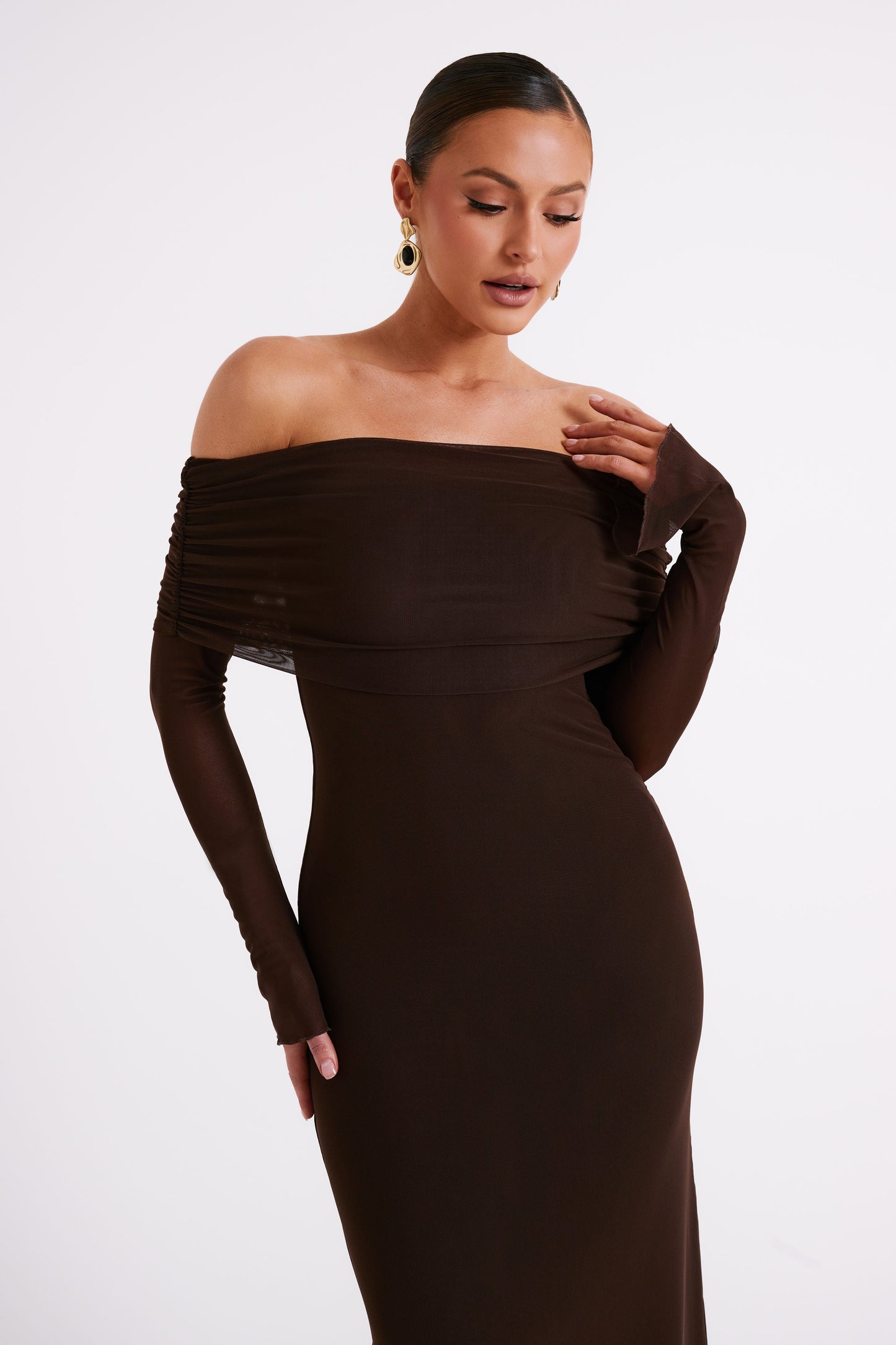 Jupe Maxi en Maille à Manches Décolletées Josie - Brun Foncé