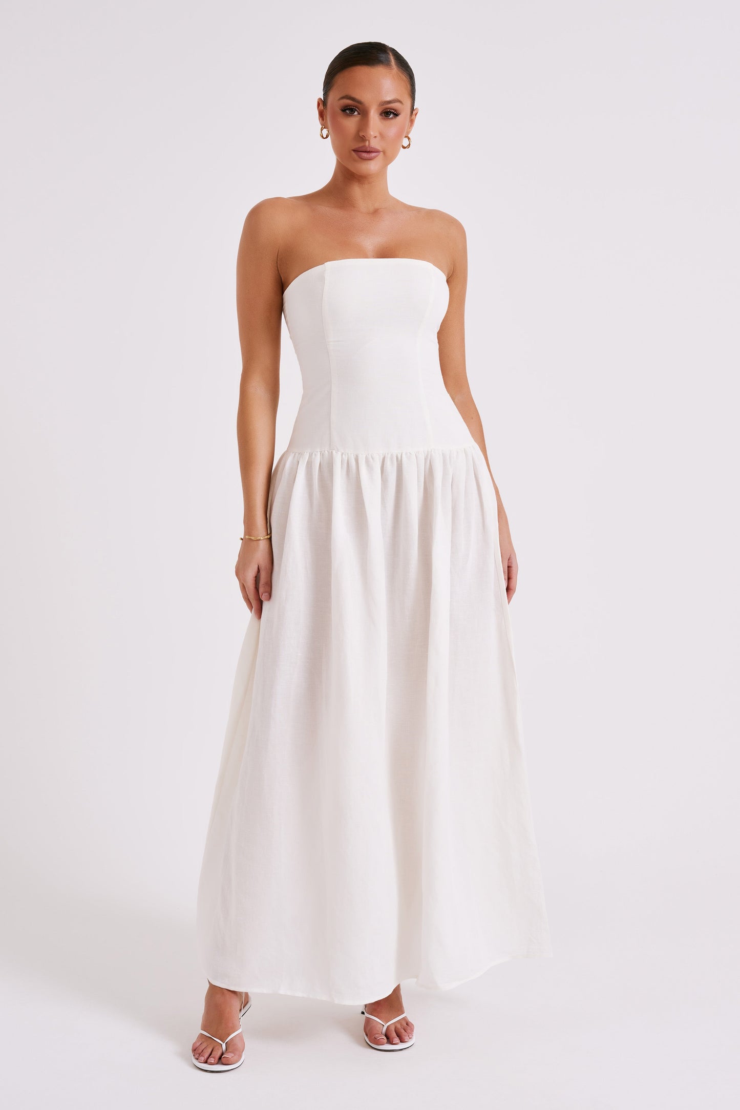 Audrina Robe Maxi en Lin Sans Bretelles - Blanc