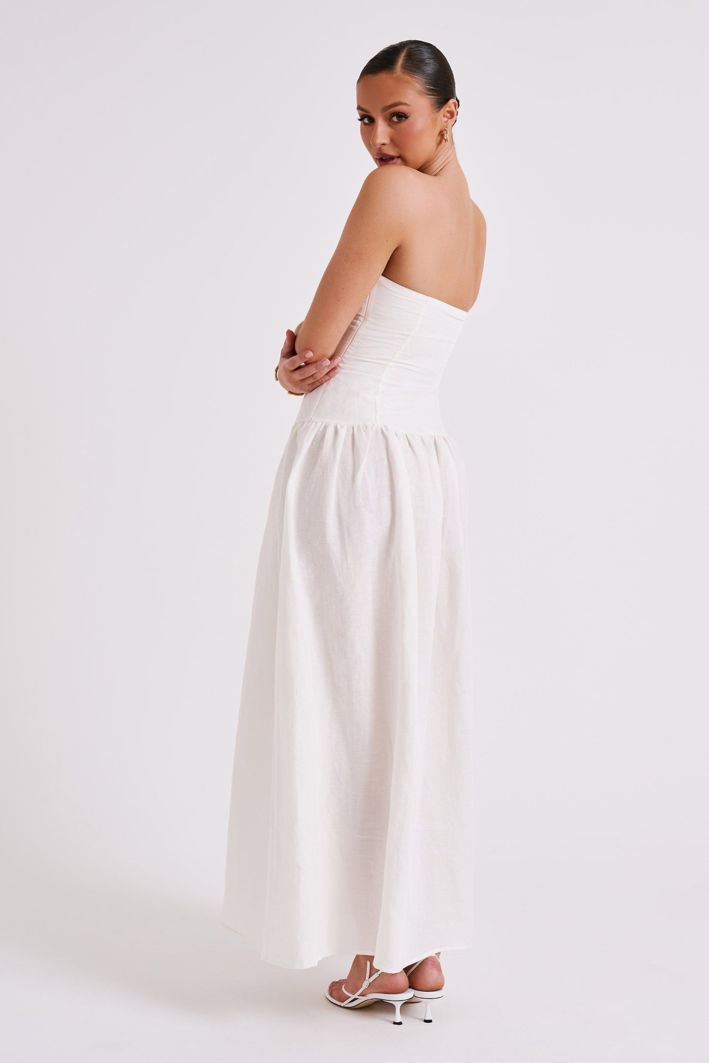 Audrina Robe Maxi en Lin Sans Bretelles - Blanc