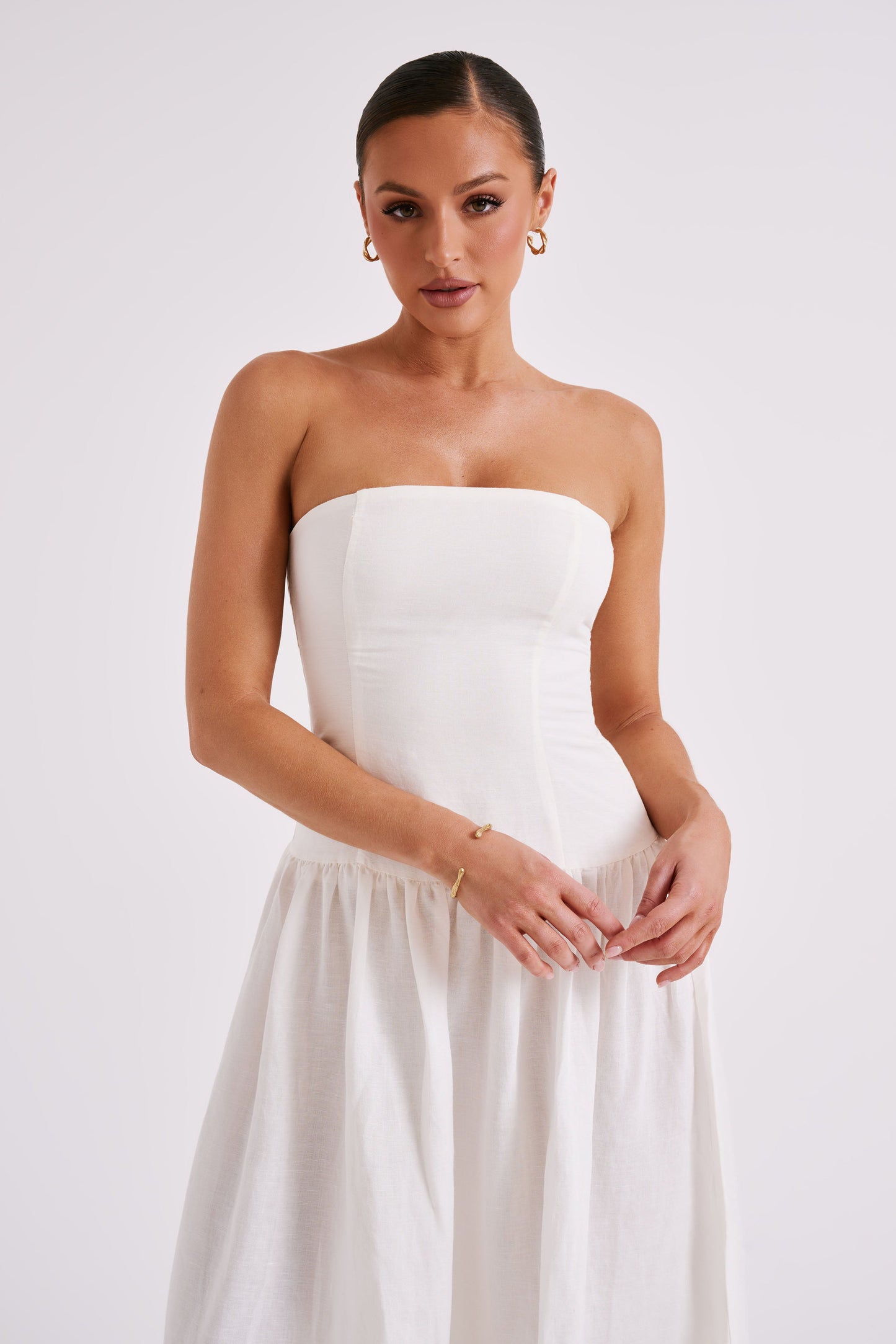 Audrina Robe Maxi en Lin Sans Bretelles - Blanc