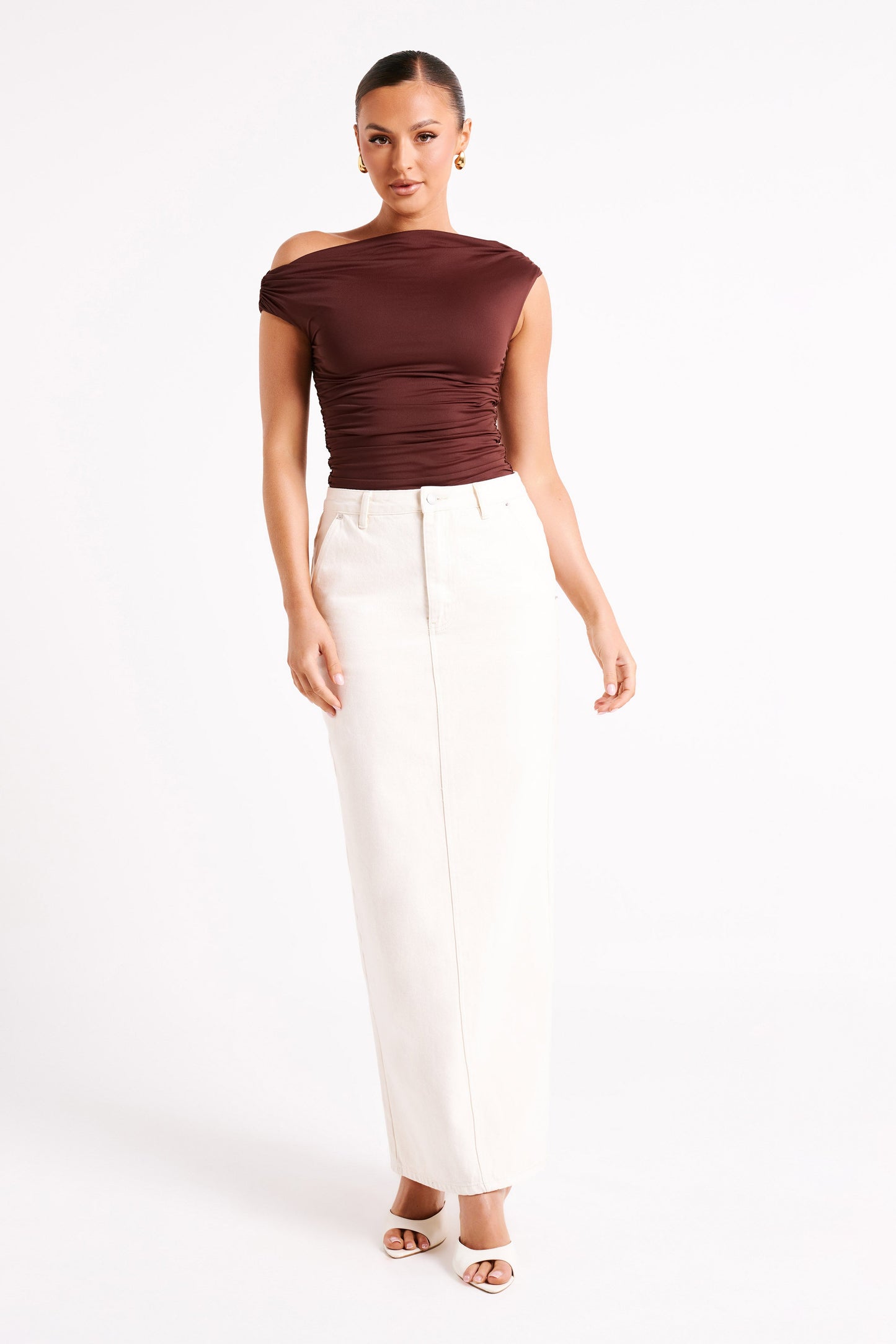 Top Alayna en nylon recyclé à volants - Chocolat
