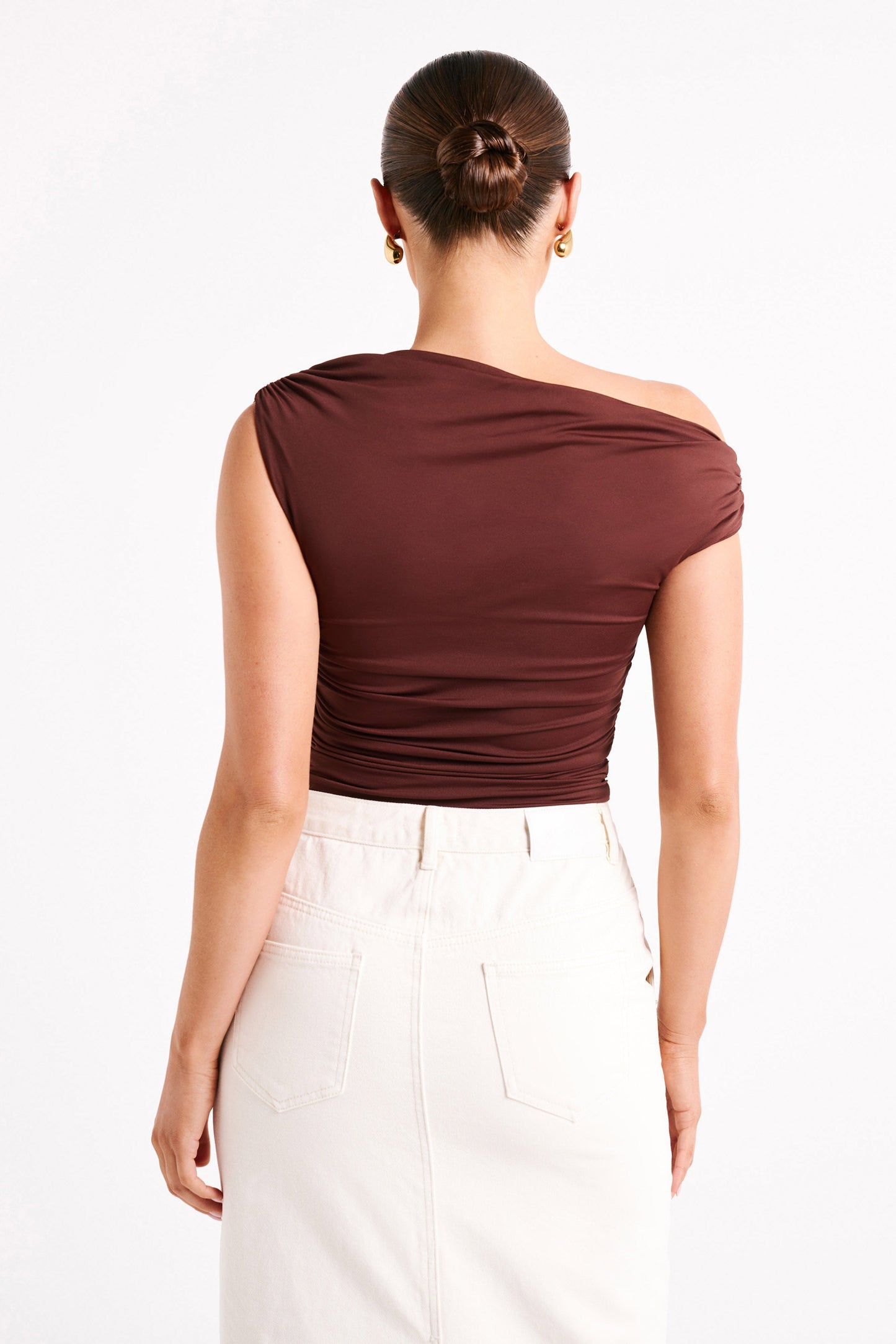 Top Alayna en nylon recyclé à volants - Chocolat