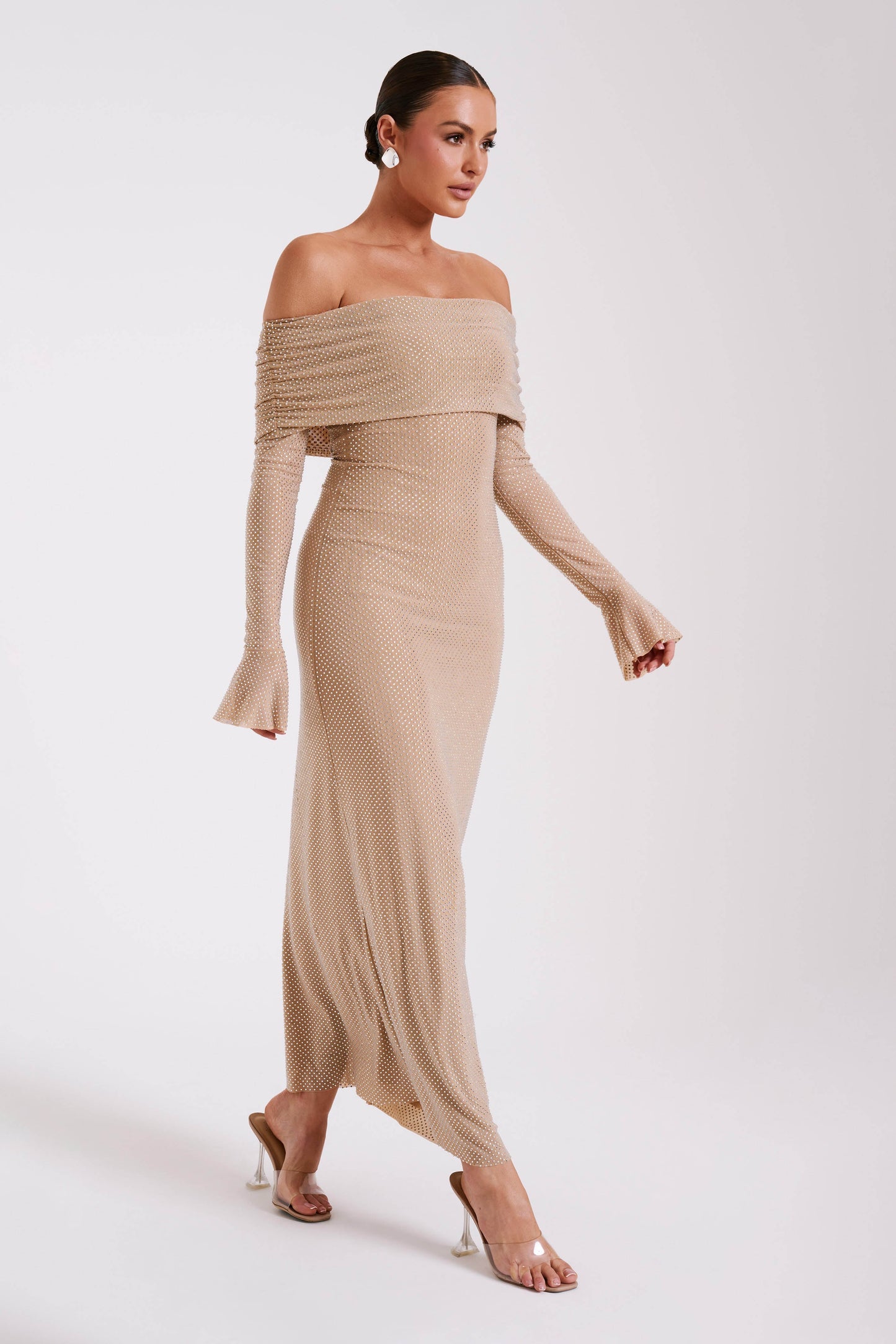 Robe Maxi Marcel à épaules dénudées et strass - Nude