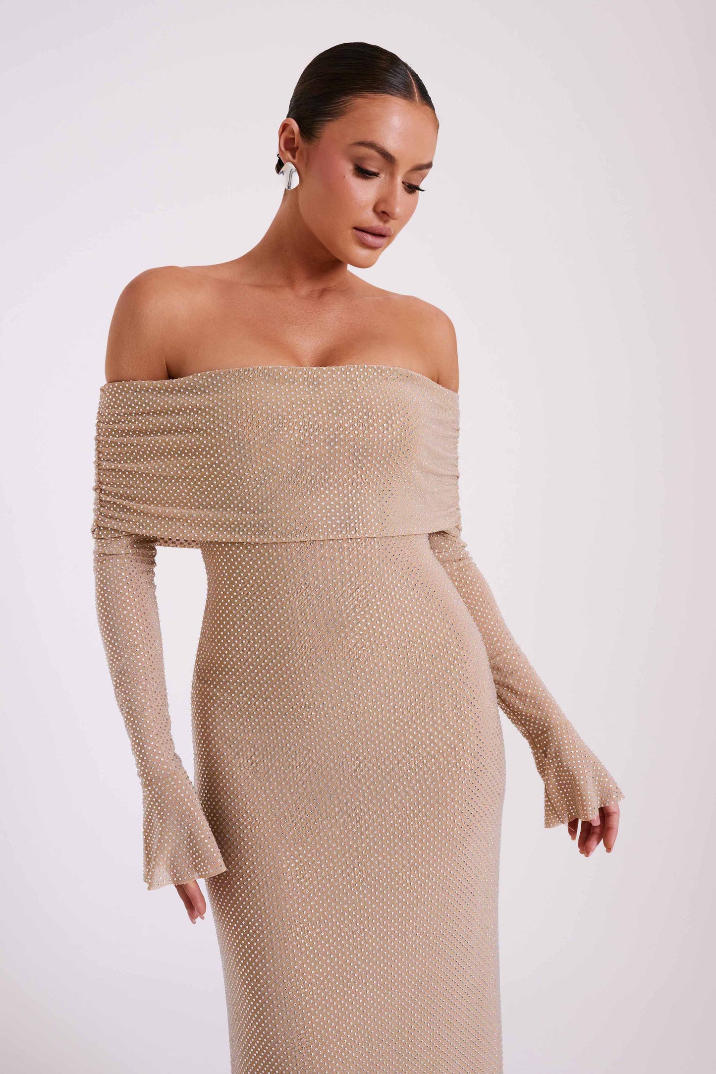 Robe Maxi Marcel à épaules dénudées et strass - Nude