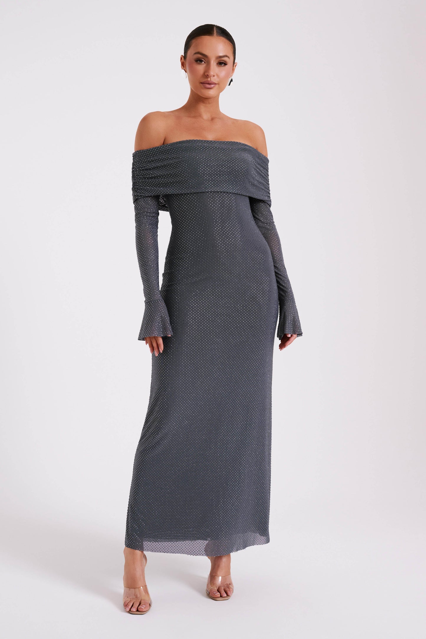 Robe Maxi Marcel à épaules dénudées et strass - Gris anthracite