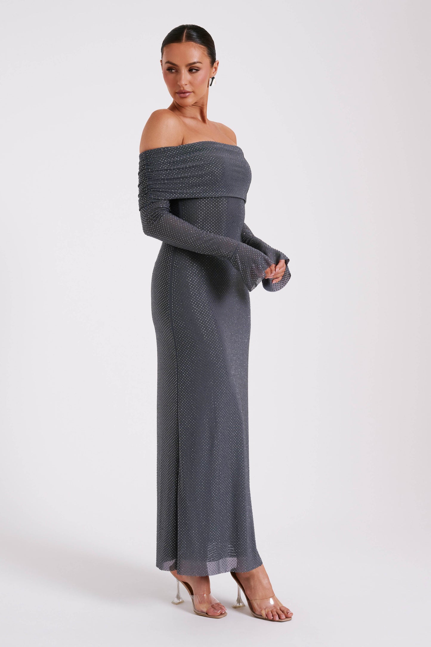 Robe Maxi Marcel à épaules dénudées et strass - Gris anthracite