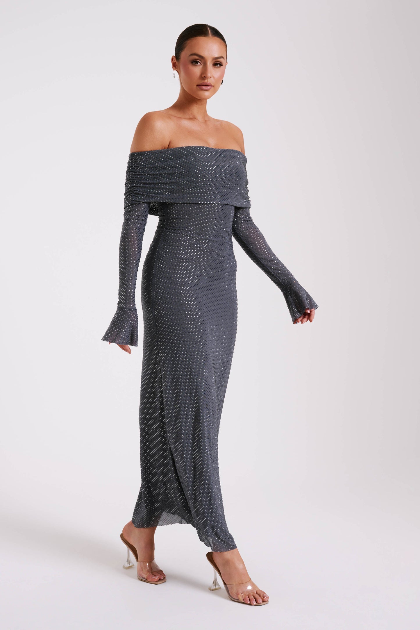 Robe Maxi Marcel à épaules dénudées et strass - Gris anthracite