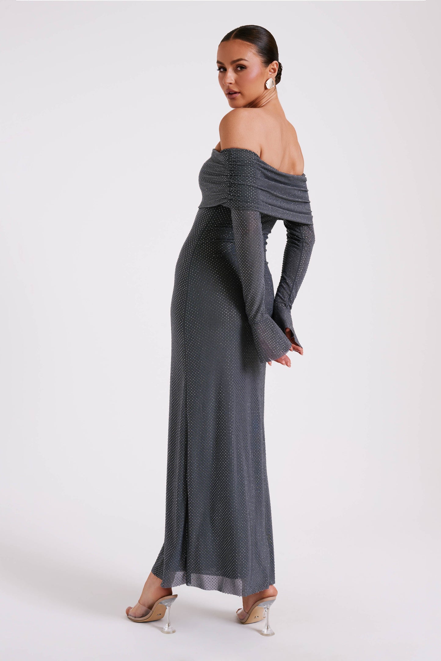 Robe Maxi Marcel à épaules dénudées et strass - Gris anthracite